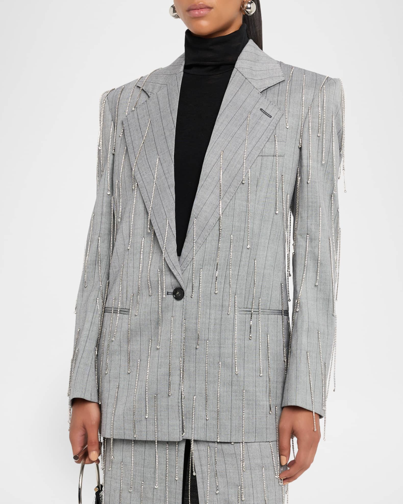 Stella McCartney Pinstripe Rhinestone Embroidered Oversized Blazer