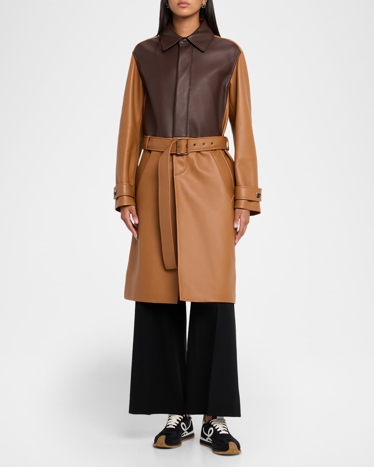 Loewe Bi-Color Leather Belted Long Trench Coat | Neiman Marcus