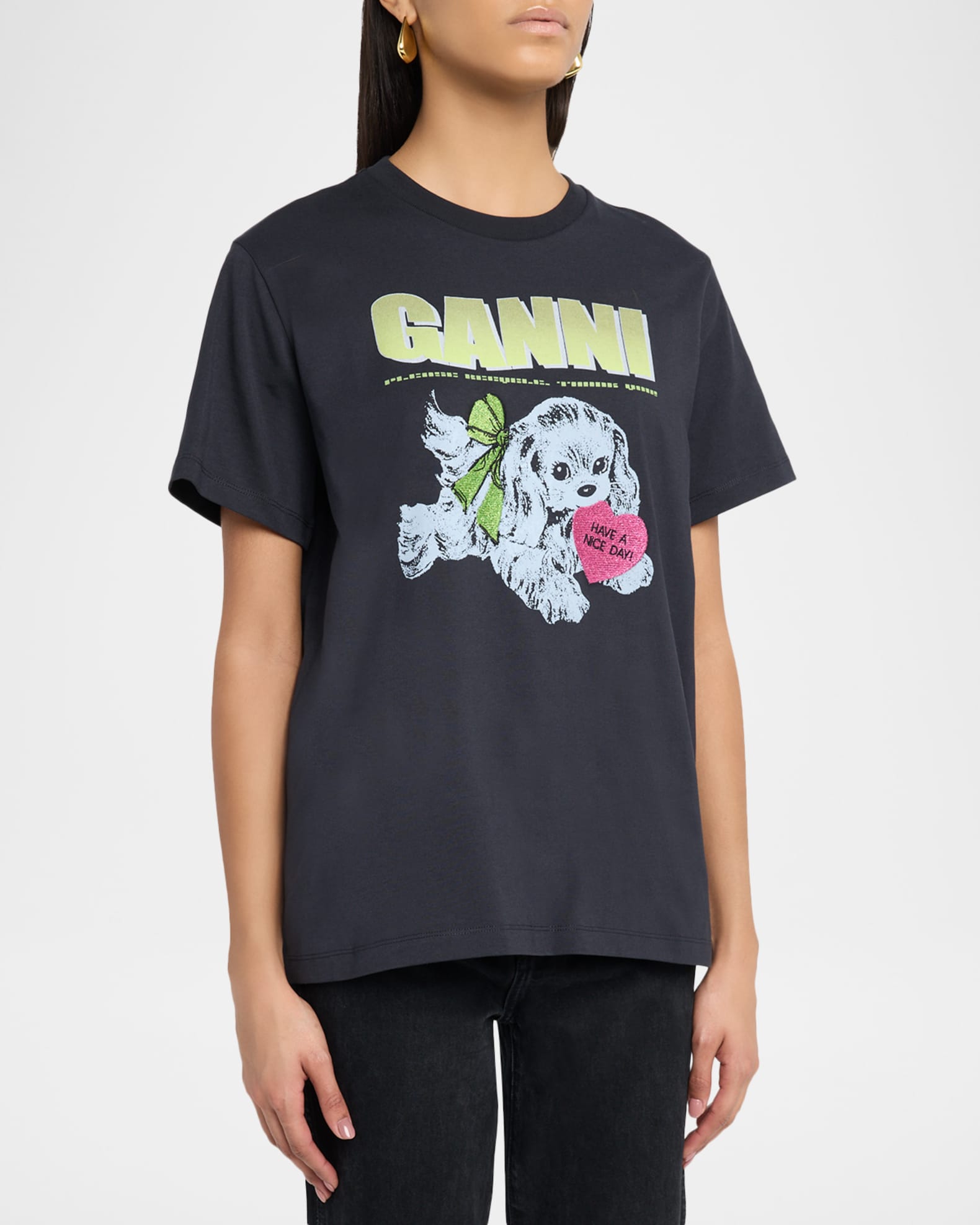 Ganni Cotton-Jersey Crewneck Logo Tee | Neiman Marcus