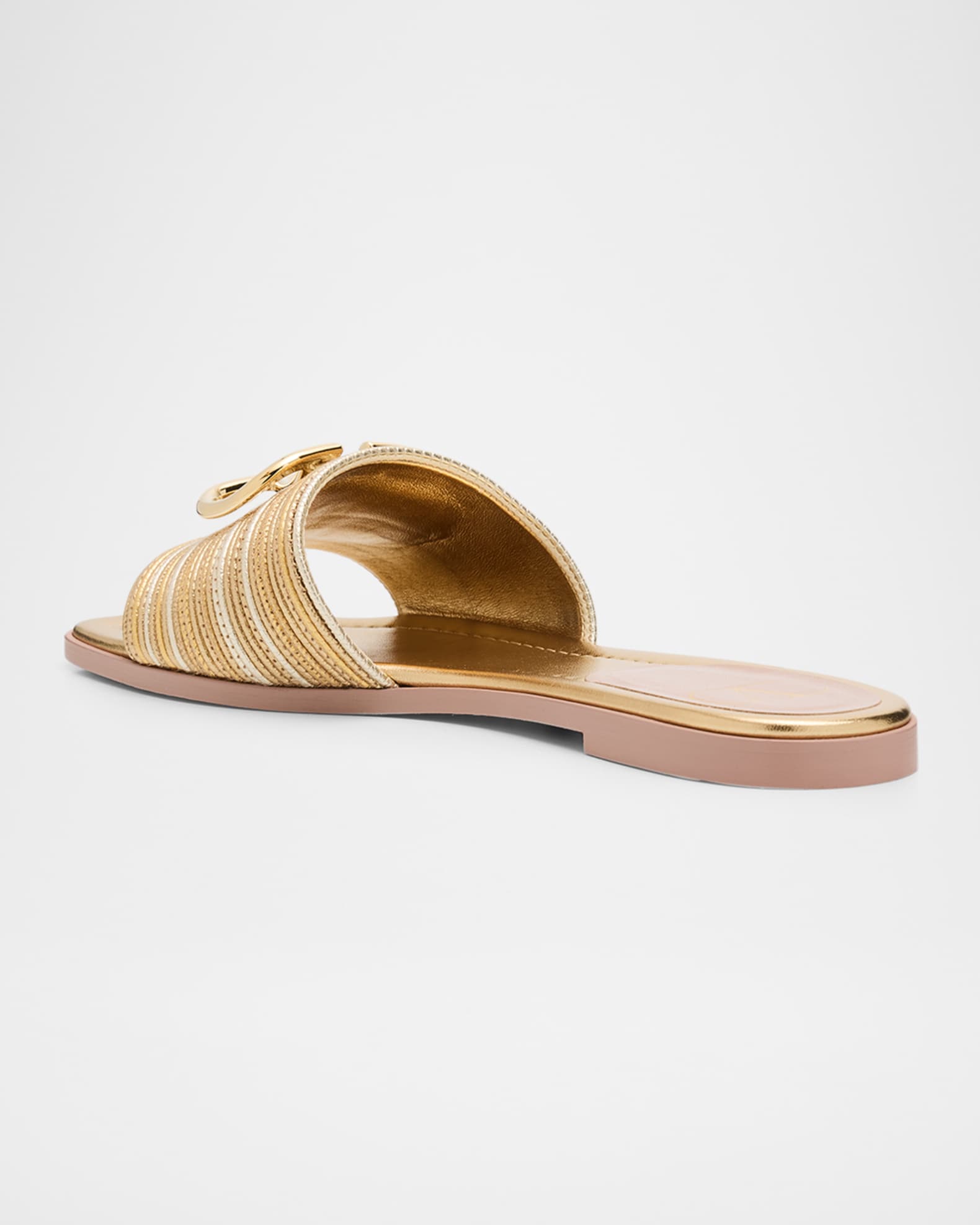 VALENTINO 良品 ゴールドV金具 ストライプ サテンシュシュ 2点セット Valentino Garavani VLogo Metallic Corded Leather Flat Slide