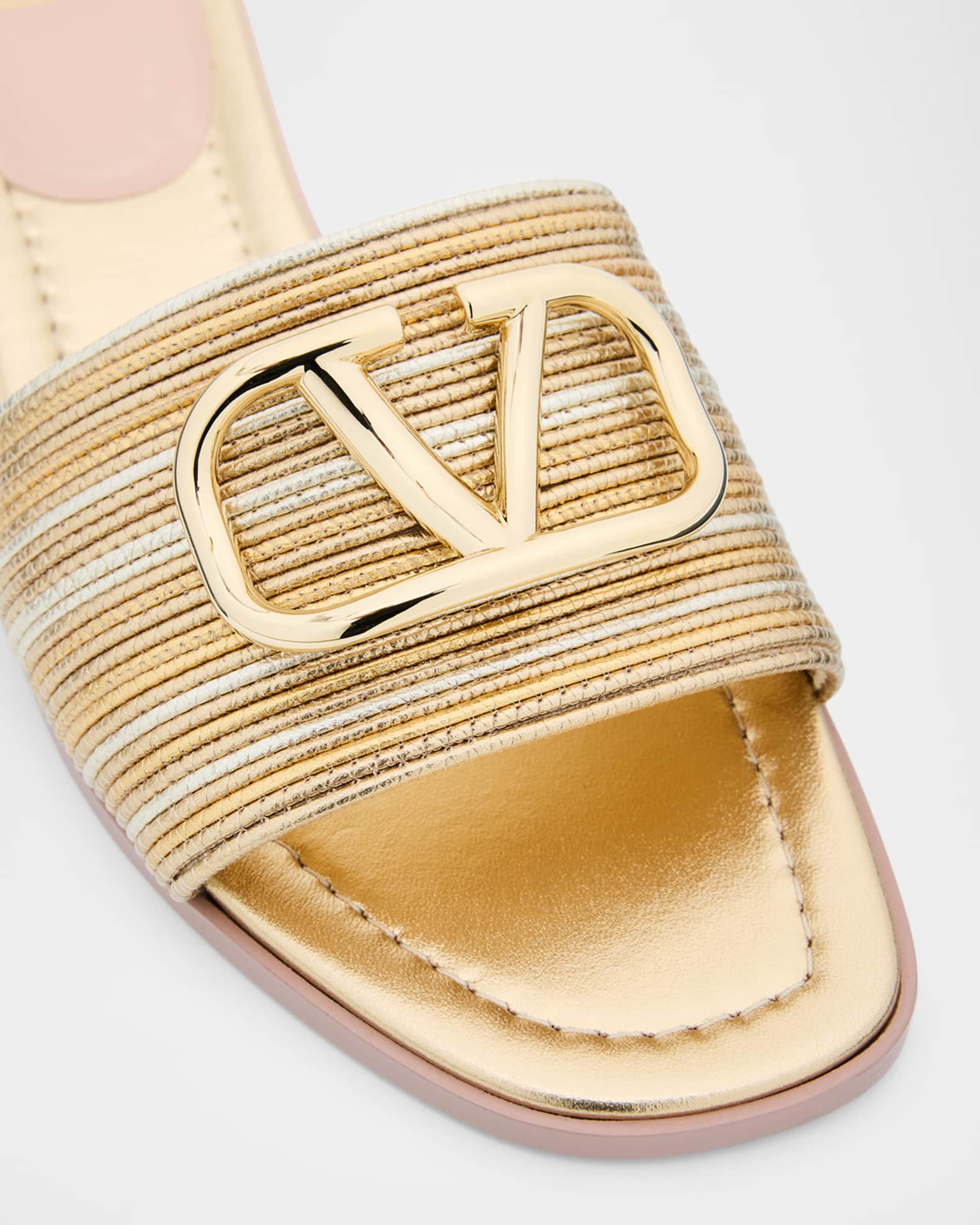 Valentino Garavani VLogo Metallic Corded Leather Flat Slide