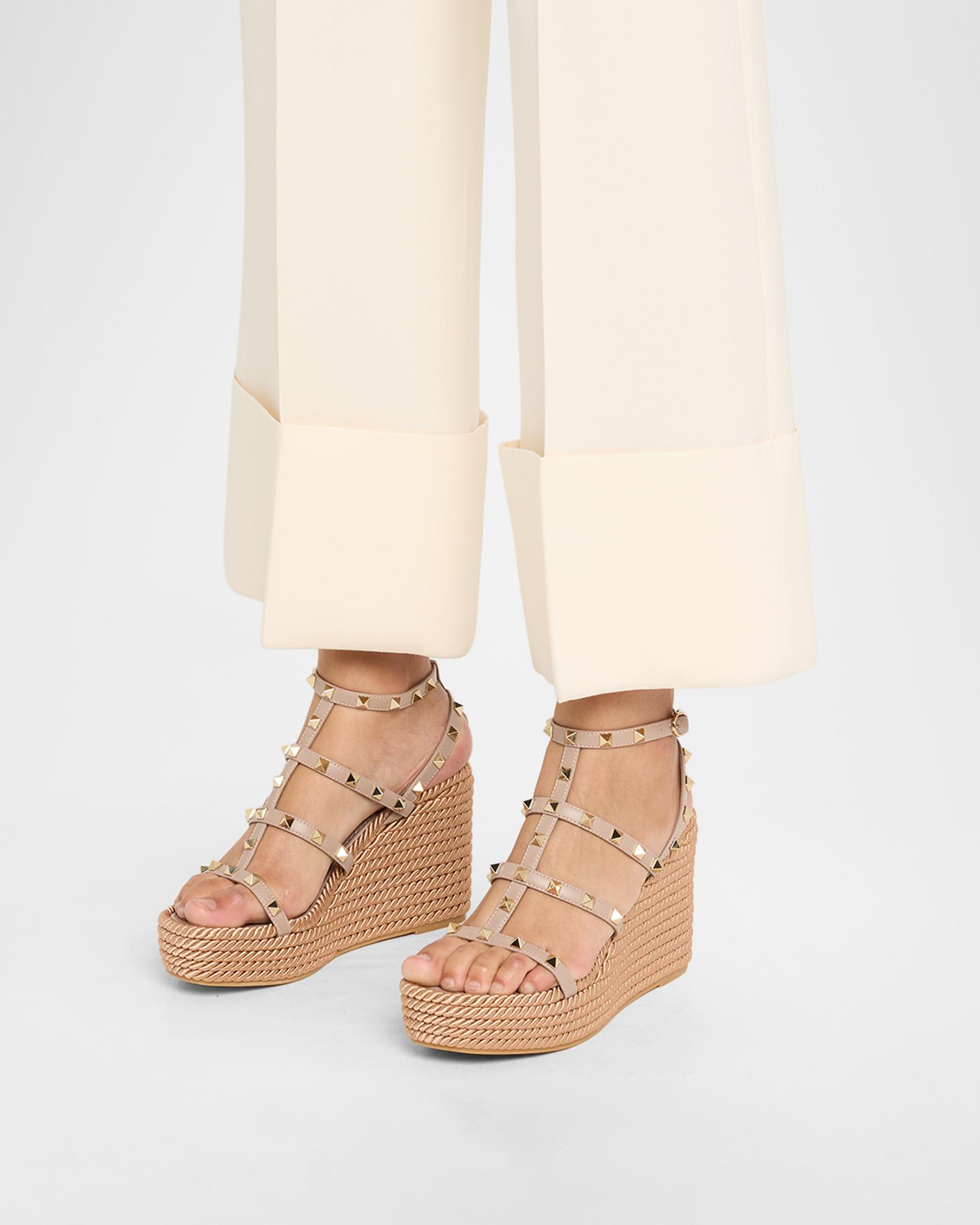 Valentino Garavani 95mm Rockstud Leather Wedge Espadrille Sandals