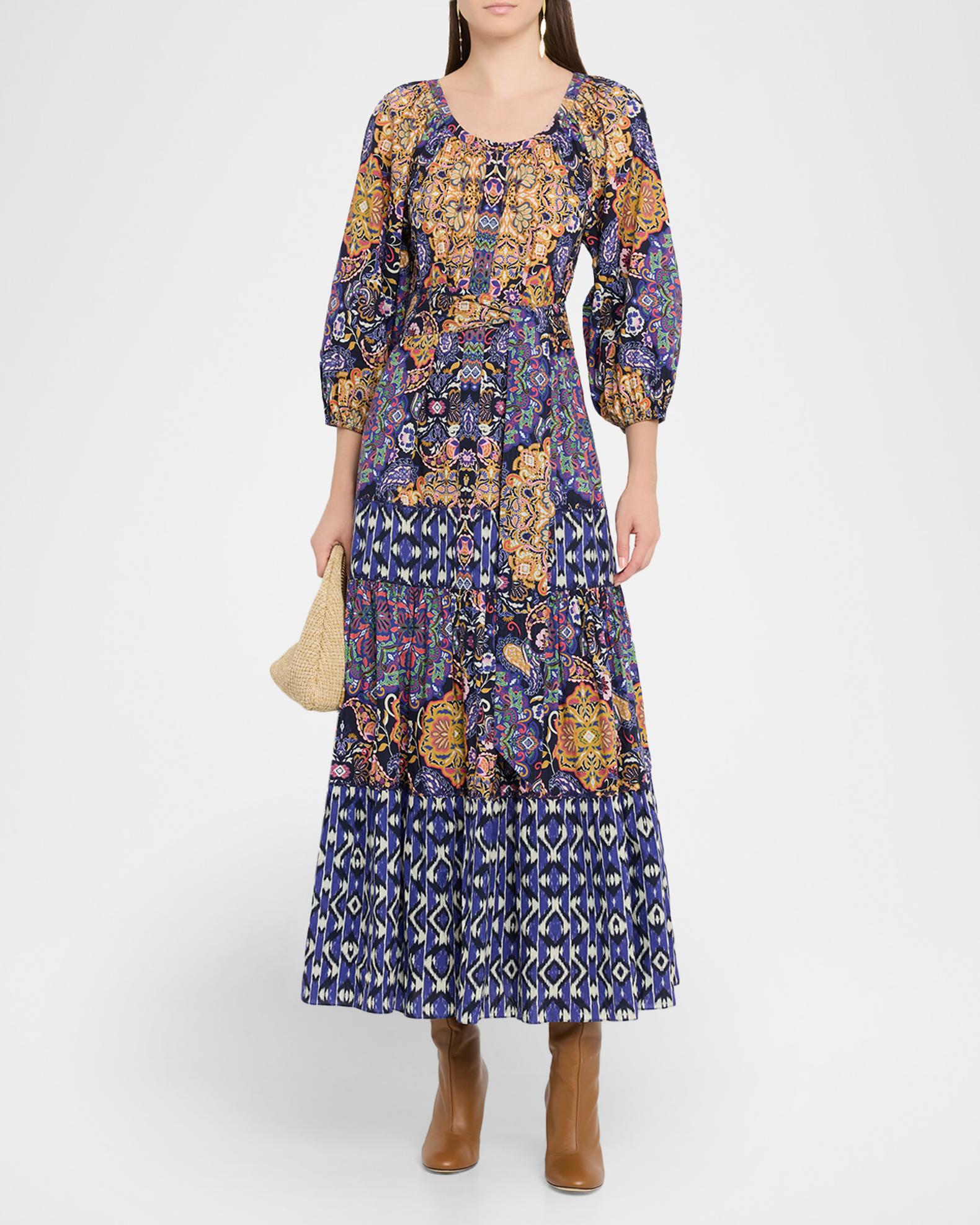 Figue Johanna Multi-Print Tiered Midi Peasant Dress | Neiman Marcus