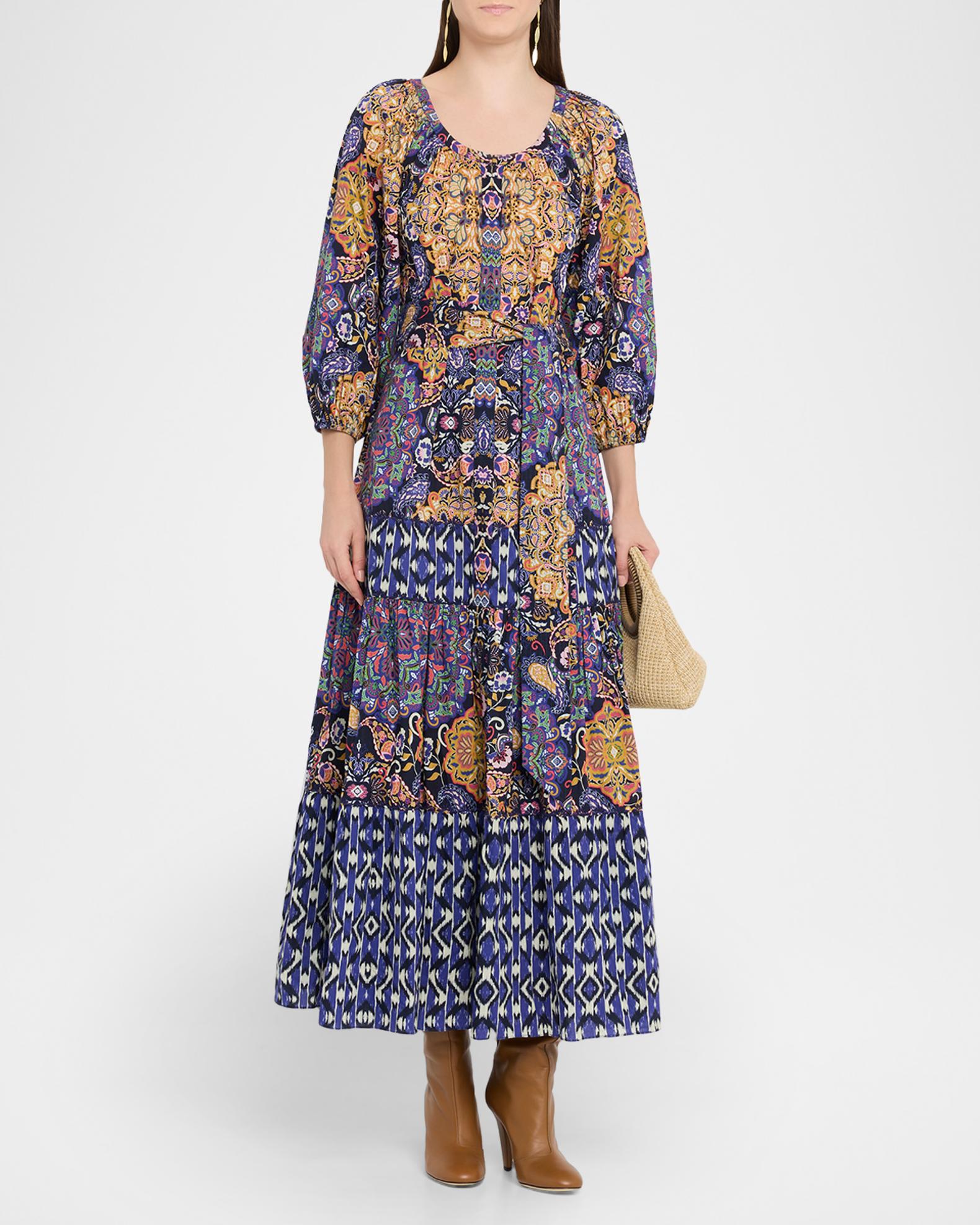 Figue Johanna Multi-Print Tiered Midi Peasant Dress | Neiman Marcus