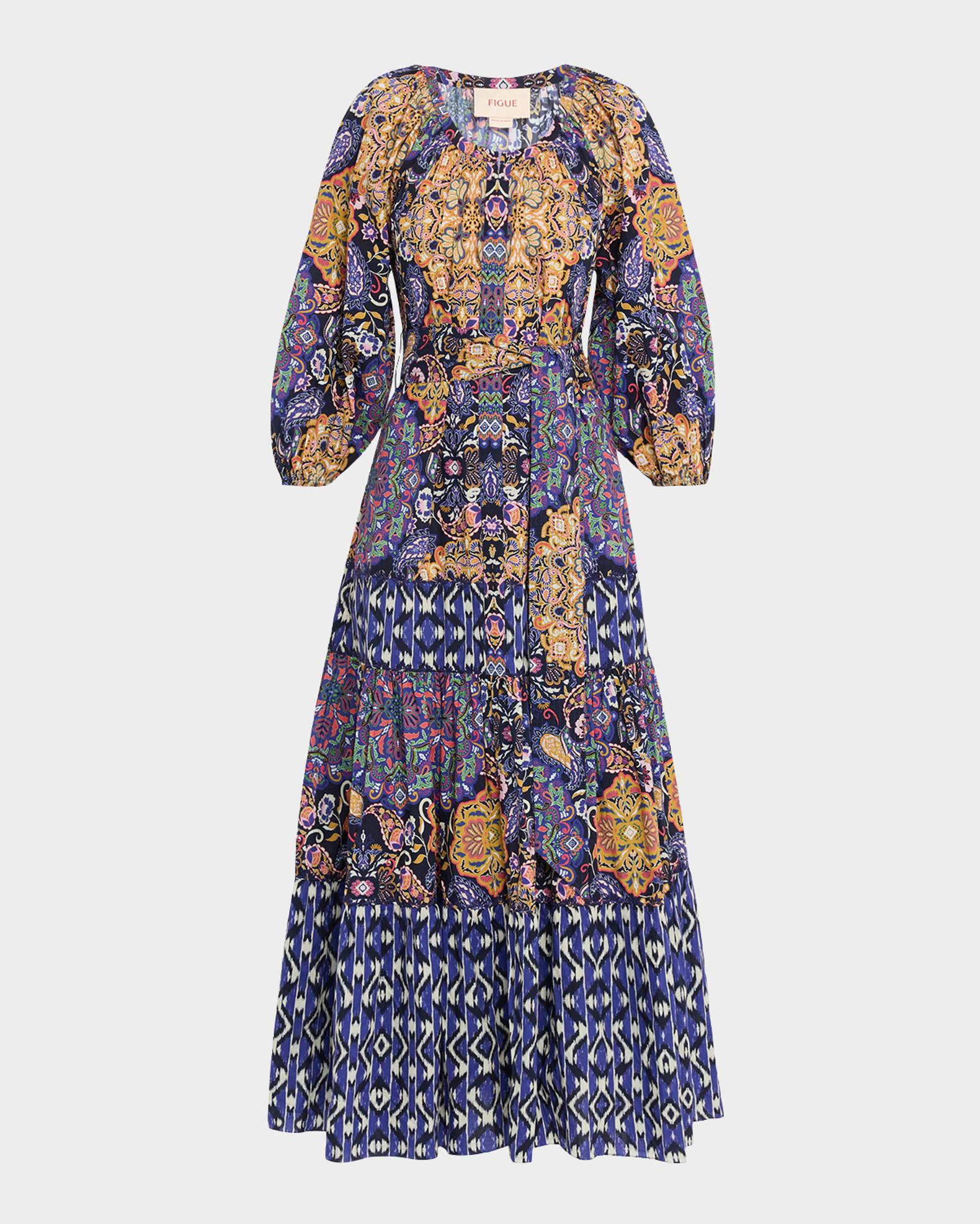 Figue Johanna Multi-Print Tiered Midi Peasant Dress | Neiman Marcus