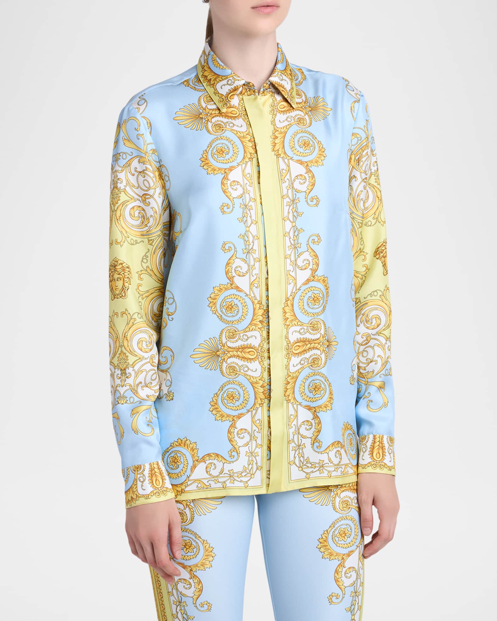 fake versace dress shirts Printed Silk Twill Mini Shirt including a Medusa button at the front and a removable Medusa 95 belt at the waist High Quality Replica versace Shirts