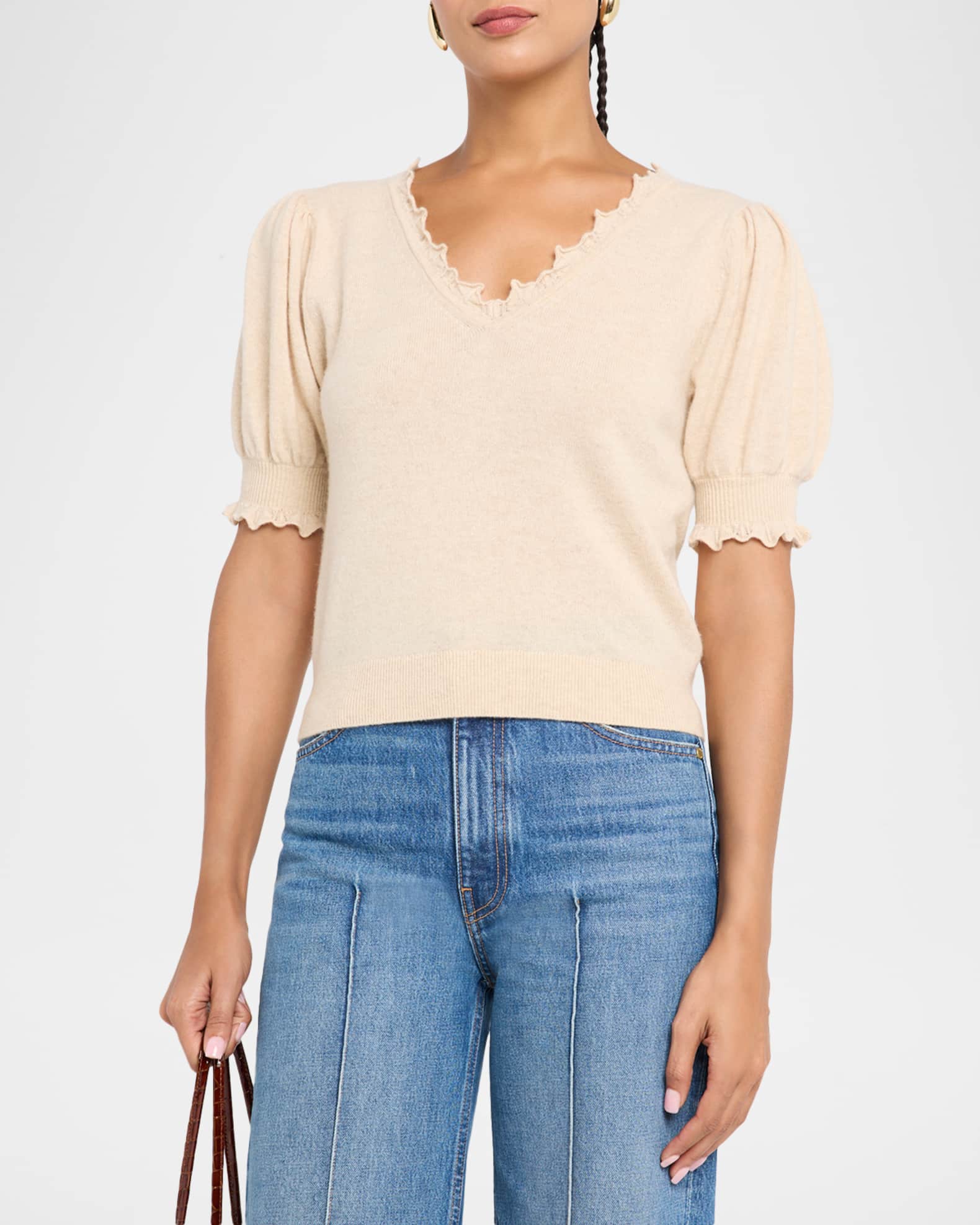 Polline Cashmere Frilled Puff-Sleeve Sweater