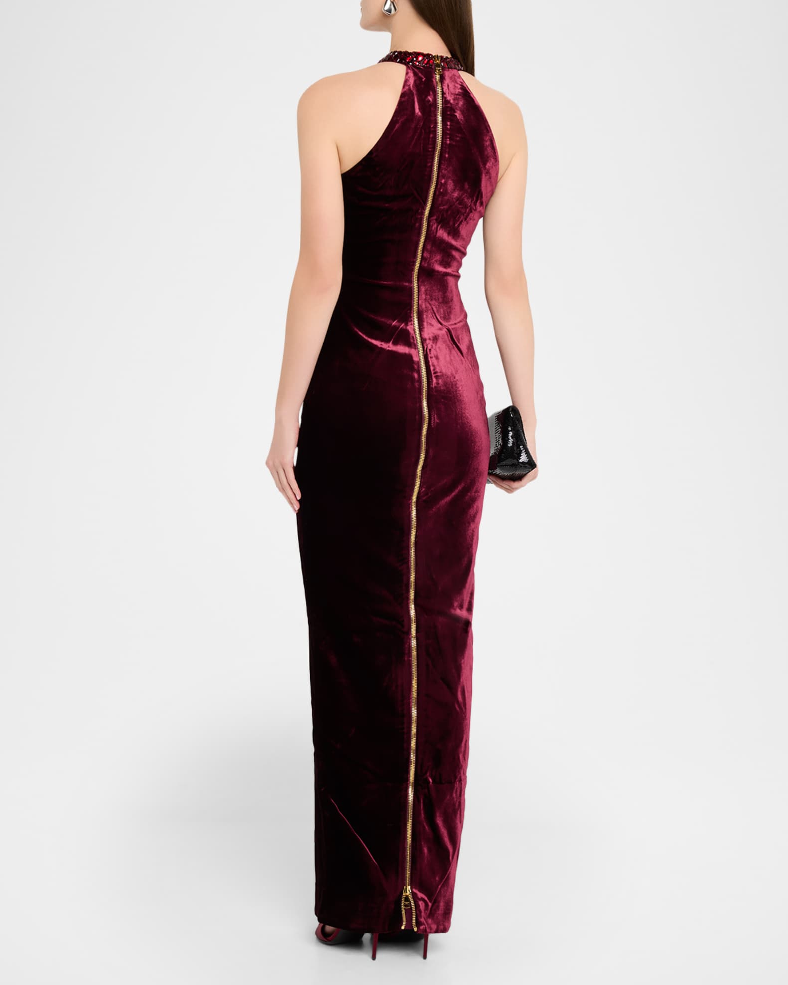 Balmain Women's Embellished Halterneck Velvet Gown - Bordeaux Noir - Size 10