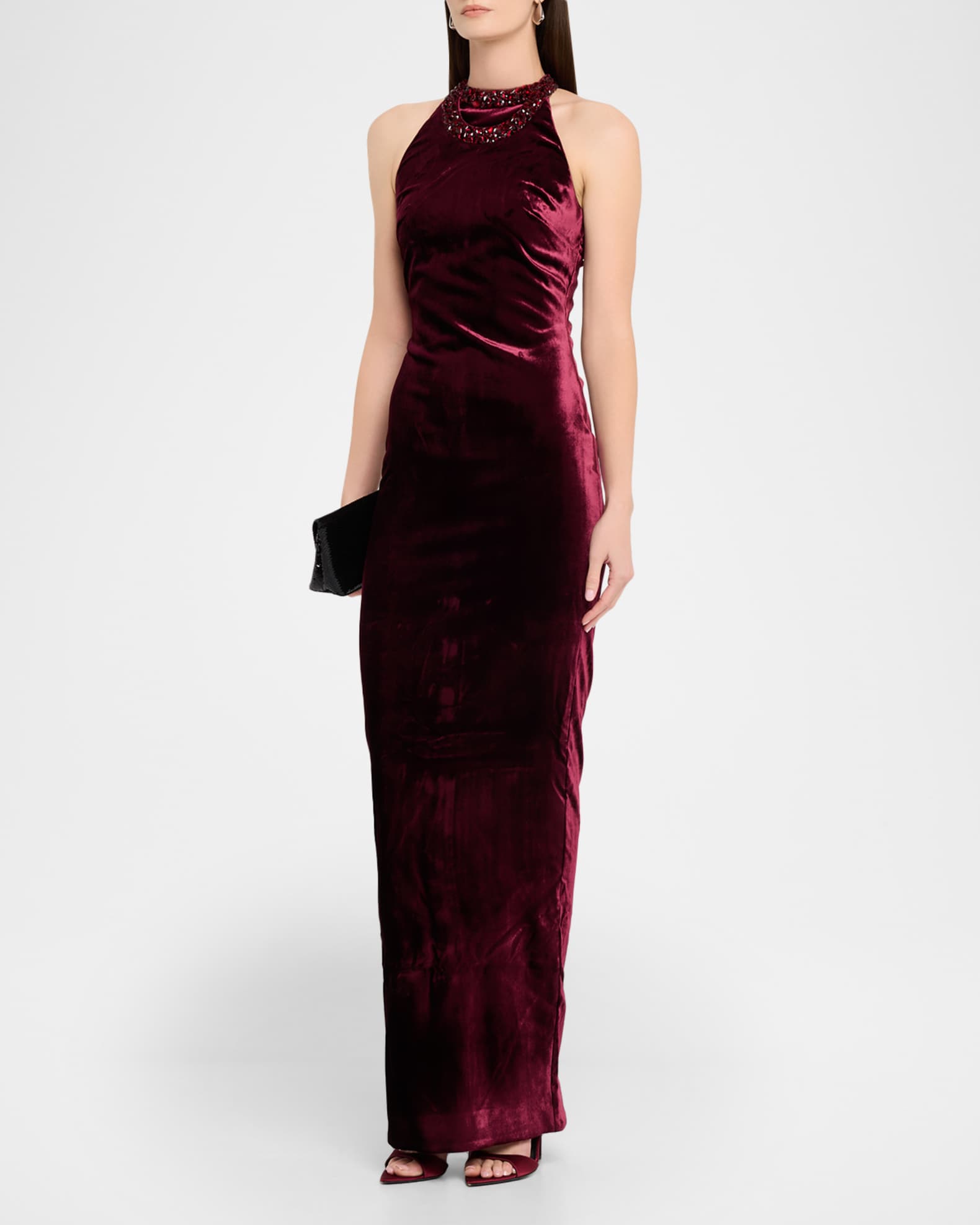 Balmain Women's Embellished Halterneck Velvet Gown - Bordeaux Noir - Size 10