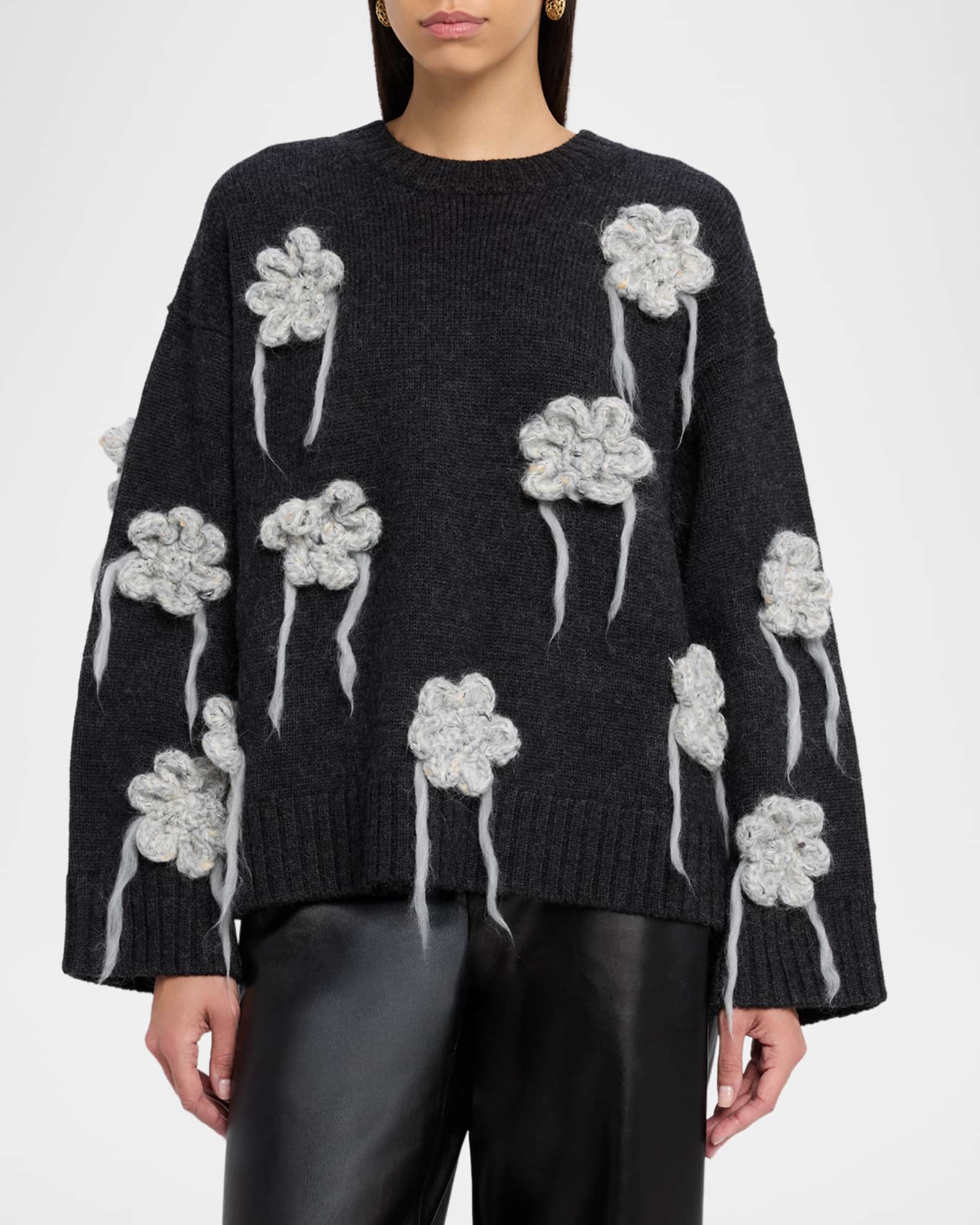 Ganni Floral Crochet Crewneck Sweater | Neiman Marcus