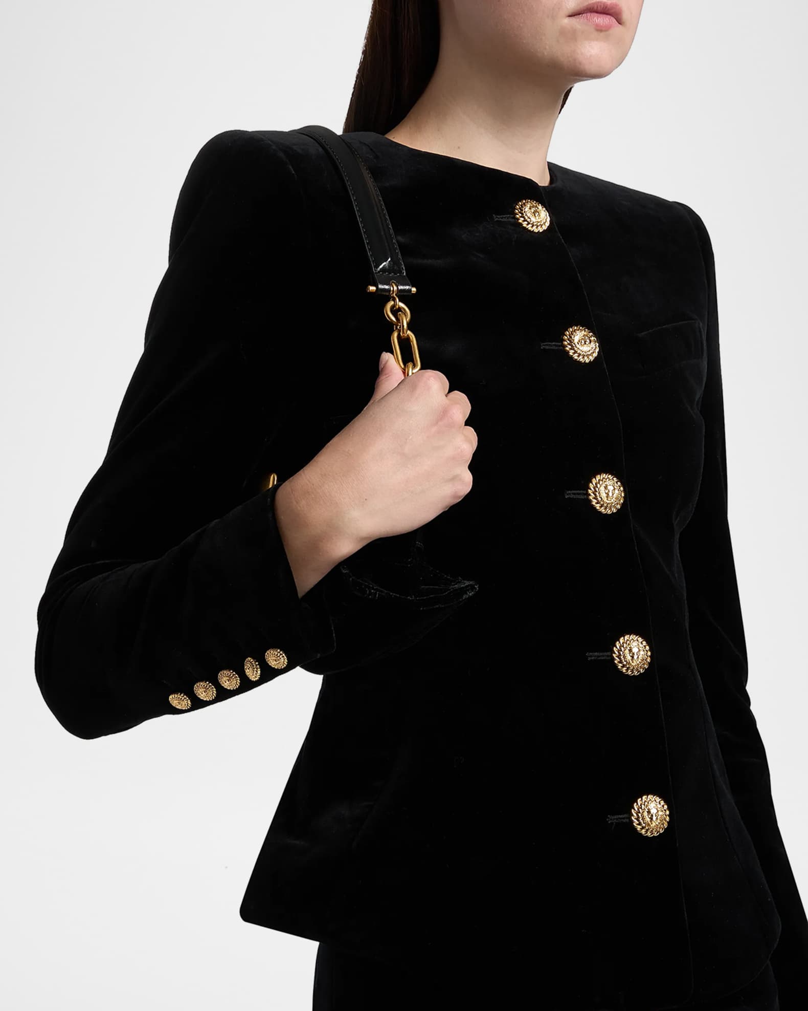 Balmain Single-Breasted Velvet Collarless Jacket | Neiman Marcus