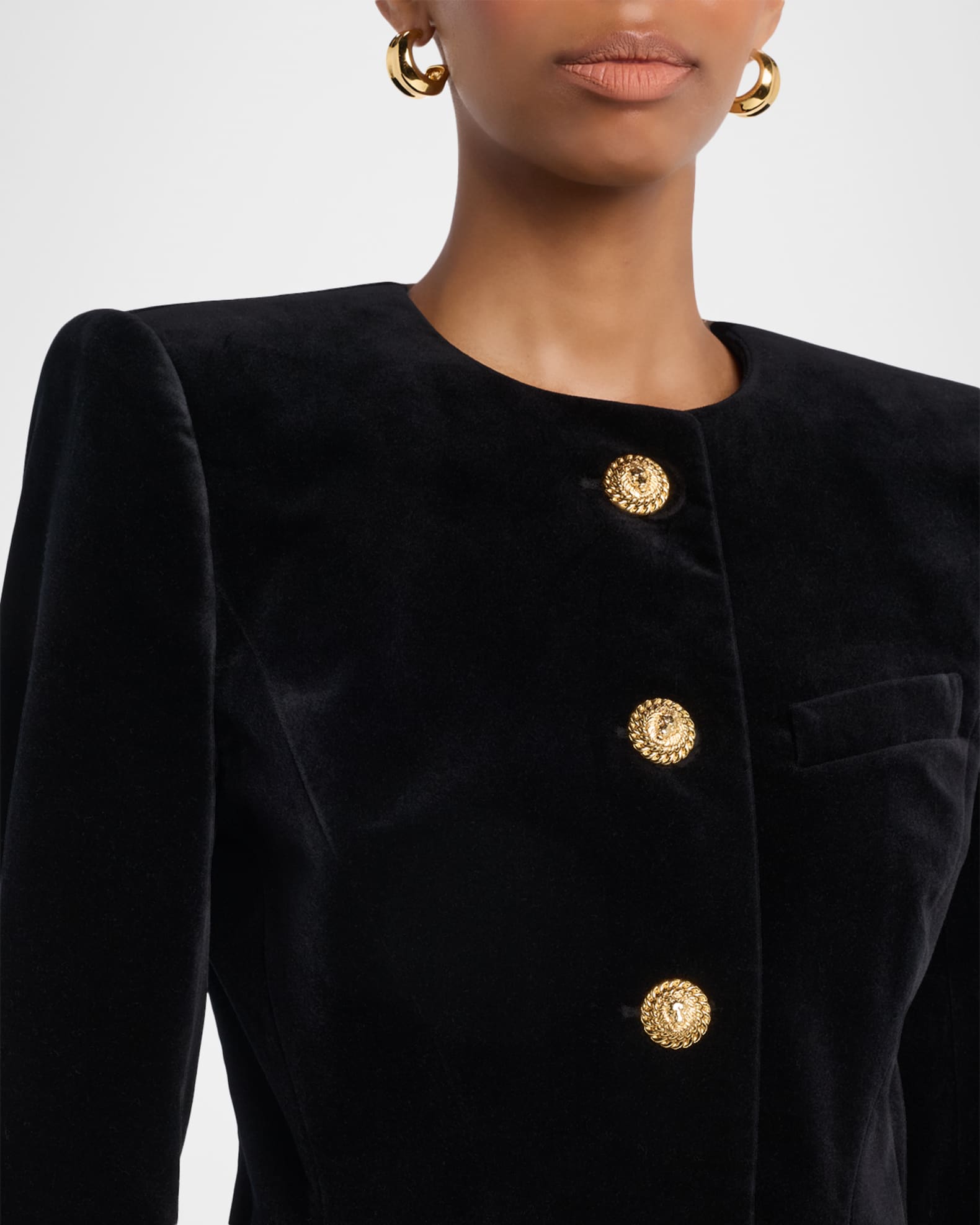 BALMAIN ベルベット　ドットテーラードジャケット ブラック　36 Balmain Single-Breasted Velvet Collarless Jacket | Neiman Marcus