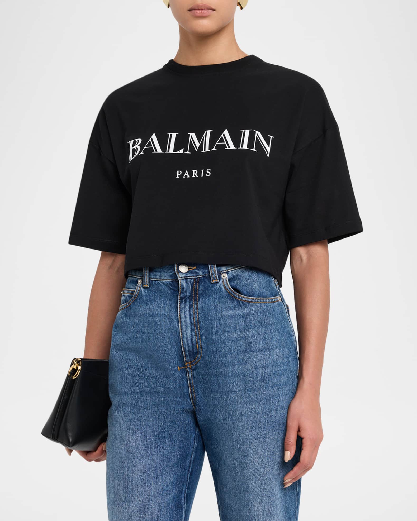 Balmain Logo Short-Sleeve Bulky Crop T-Shirt | Neiman Marcus