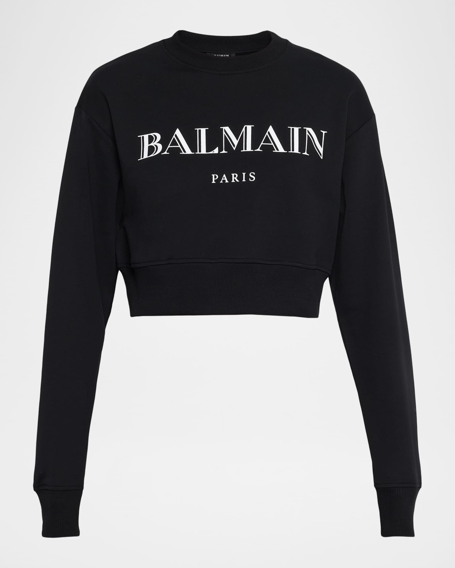 BALMAIN バルマン ロゴ刺繍ニット クロップド スウェットシャツ トップス Balmain Logo Crop Crewneck Sweatshirt | Neiman Marcus