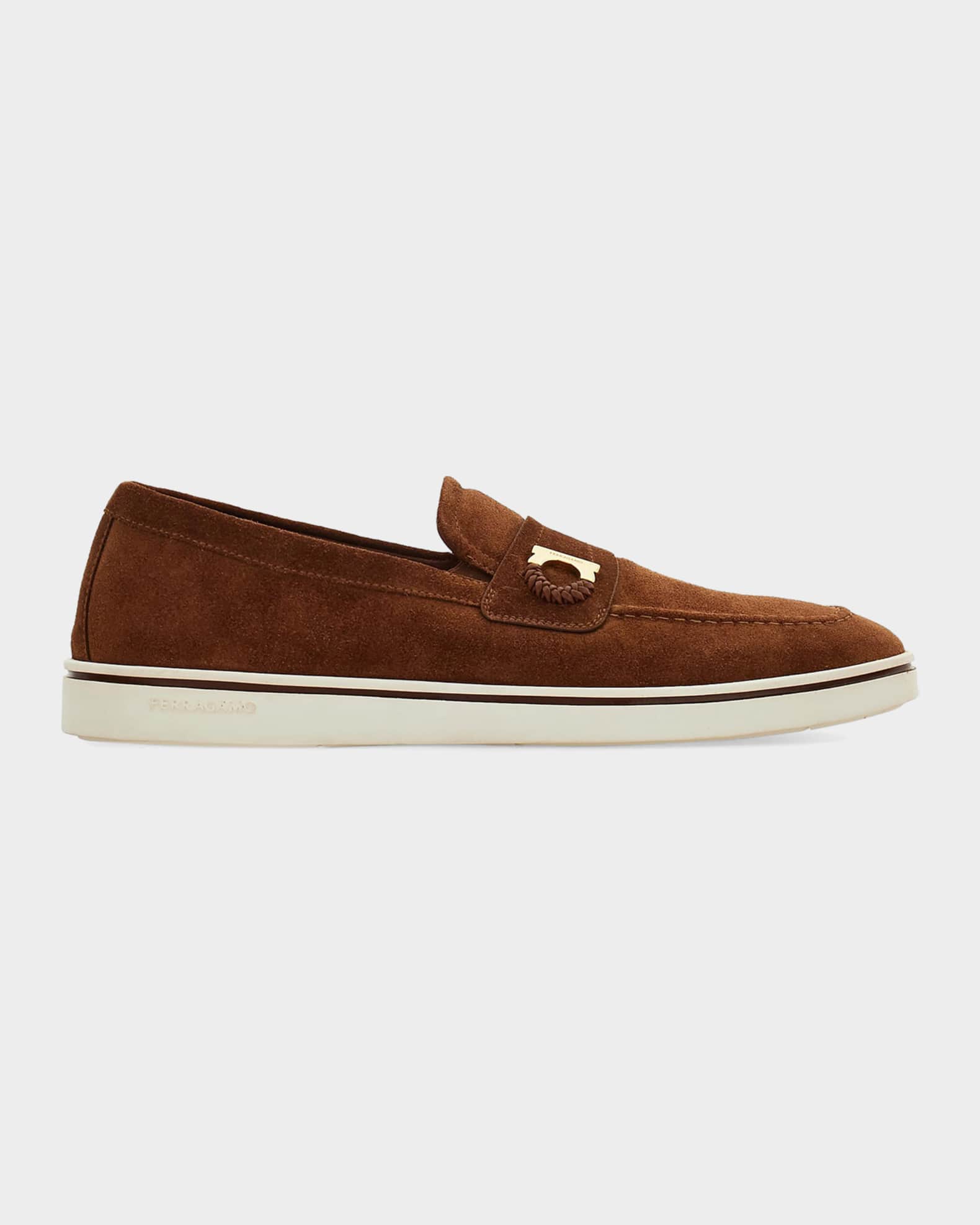 Ferragamo Men's Suede Boat Shoe Loafers with Gancini | Neiman Marcus