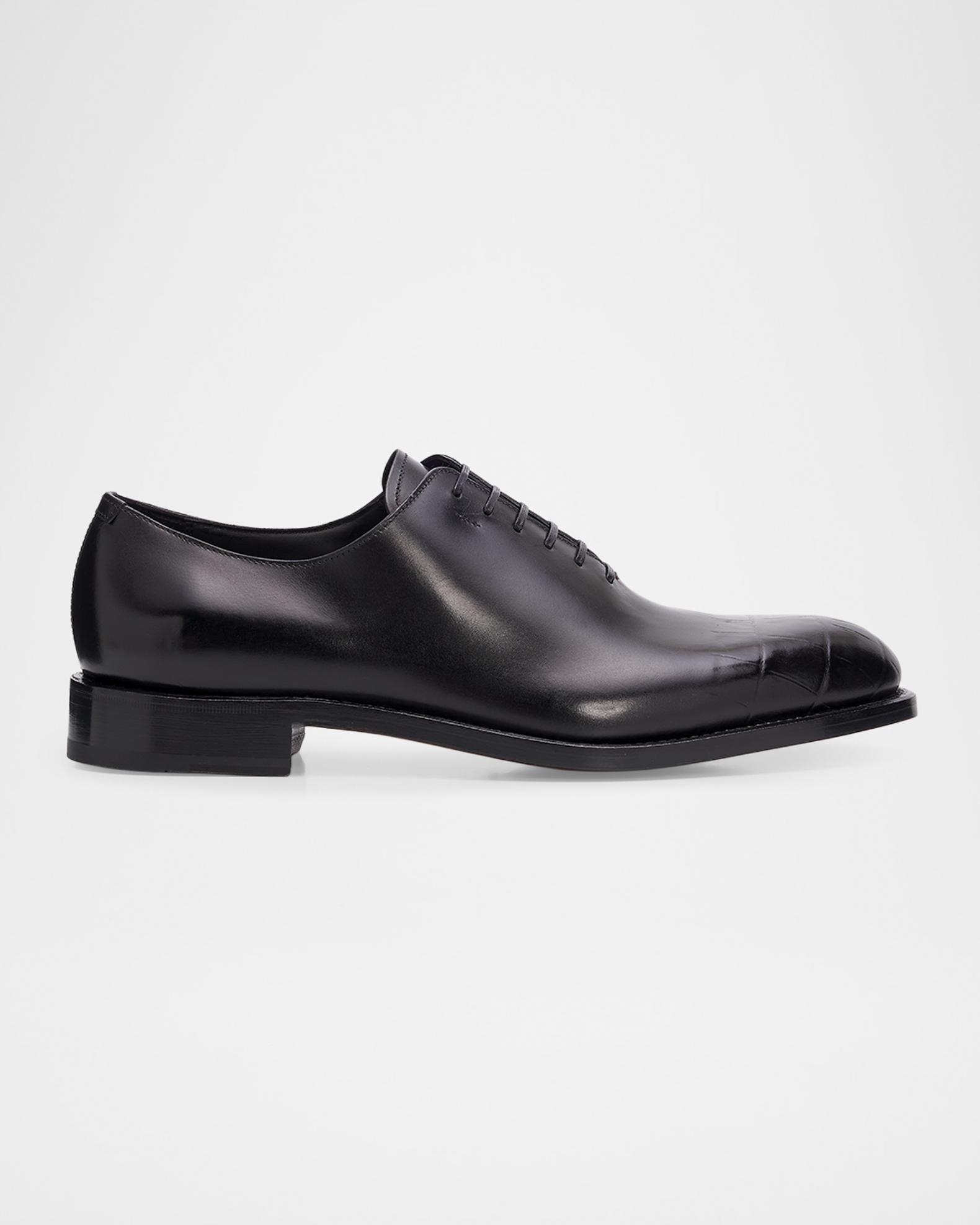 Black Croc-Embossed Leather Men\'s Dress Oxfords Handmade Men Black Alligator Shoes, Men Black Croc-text  main image 3