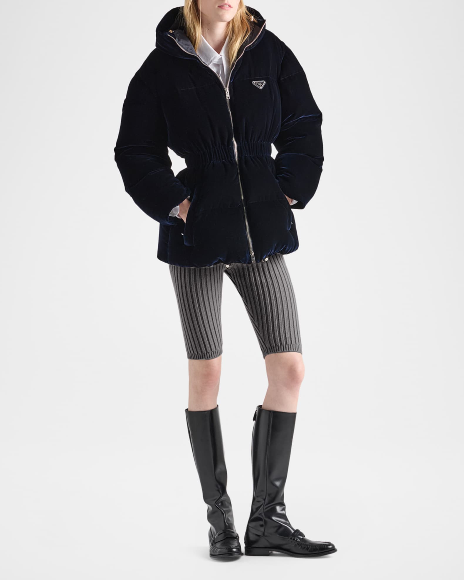AMERI VELVET DOWN JACKET ブラック Prada Velvet Down Jacket | Neiman Marcus
