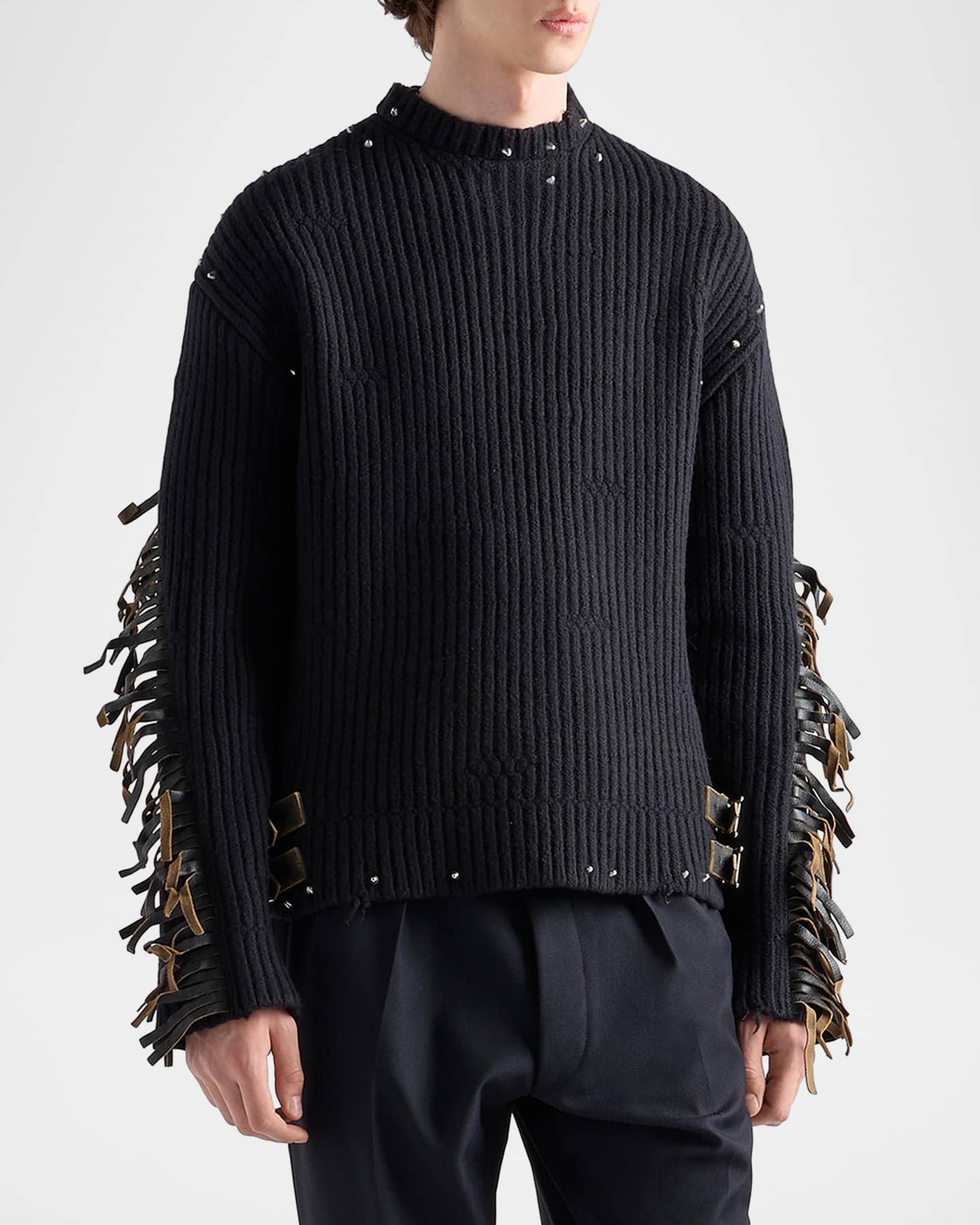 Prada Men's Wool Crew-Neck Sweater with Leather Fringe and Studs