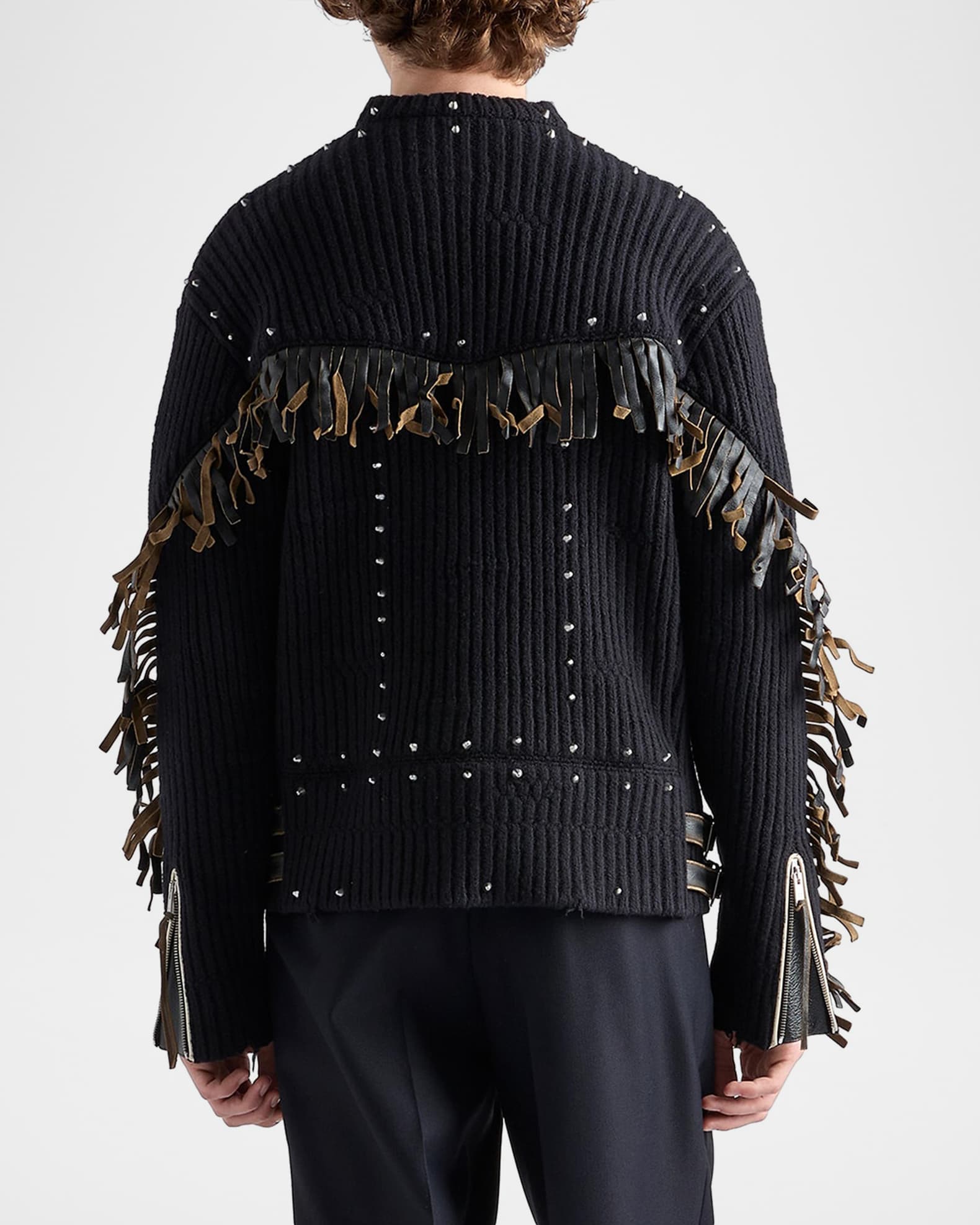 Prada Men's Wool Crew-Neck Sweater with Leather Fringe and Studs