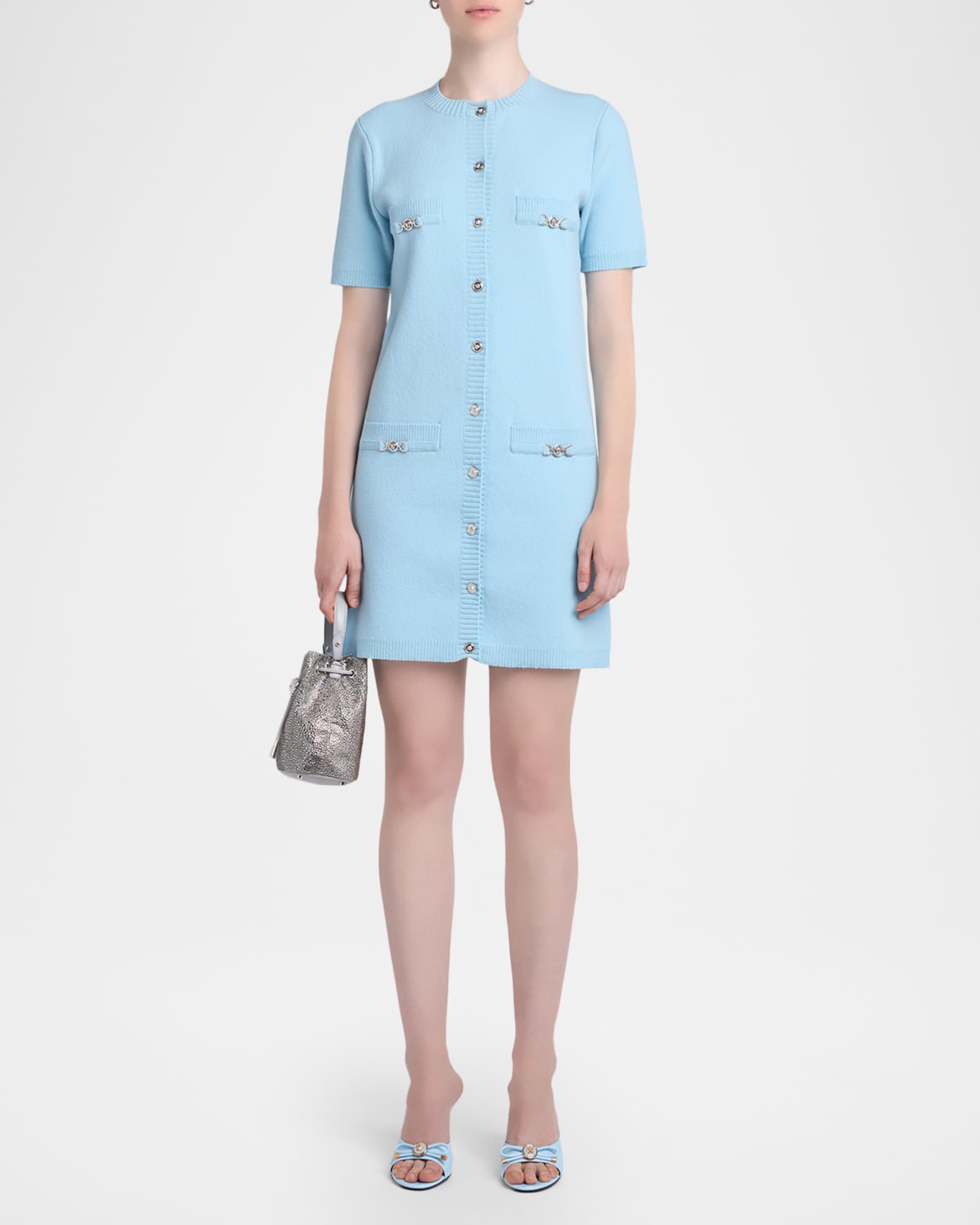 Versace Women's Medusa Short Sleeve Virgin Wool & Cashmere Sweater Dress - Blue - Casual Dresses