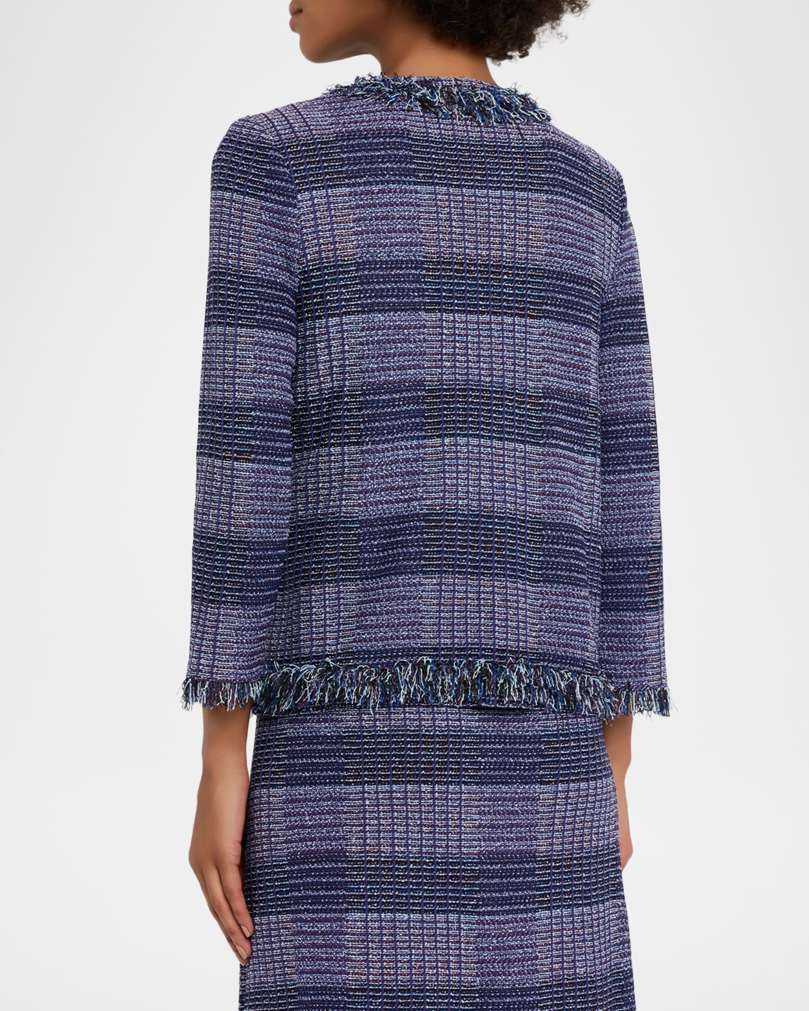 Misook Fringe-Trim Plaid Tweed Jacket | Neiman Marcus