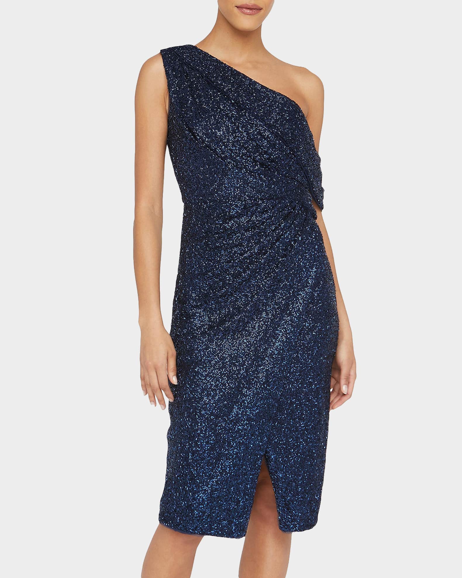 Theia Briella One-Shoulder Faux Wrap Midi Dress | Neiman Marcus
