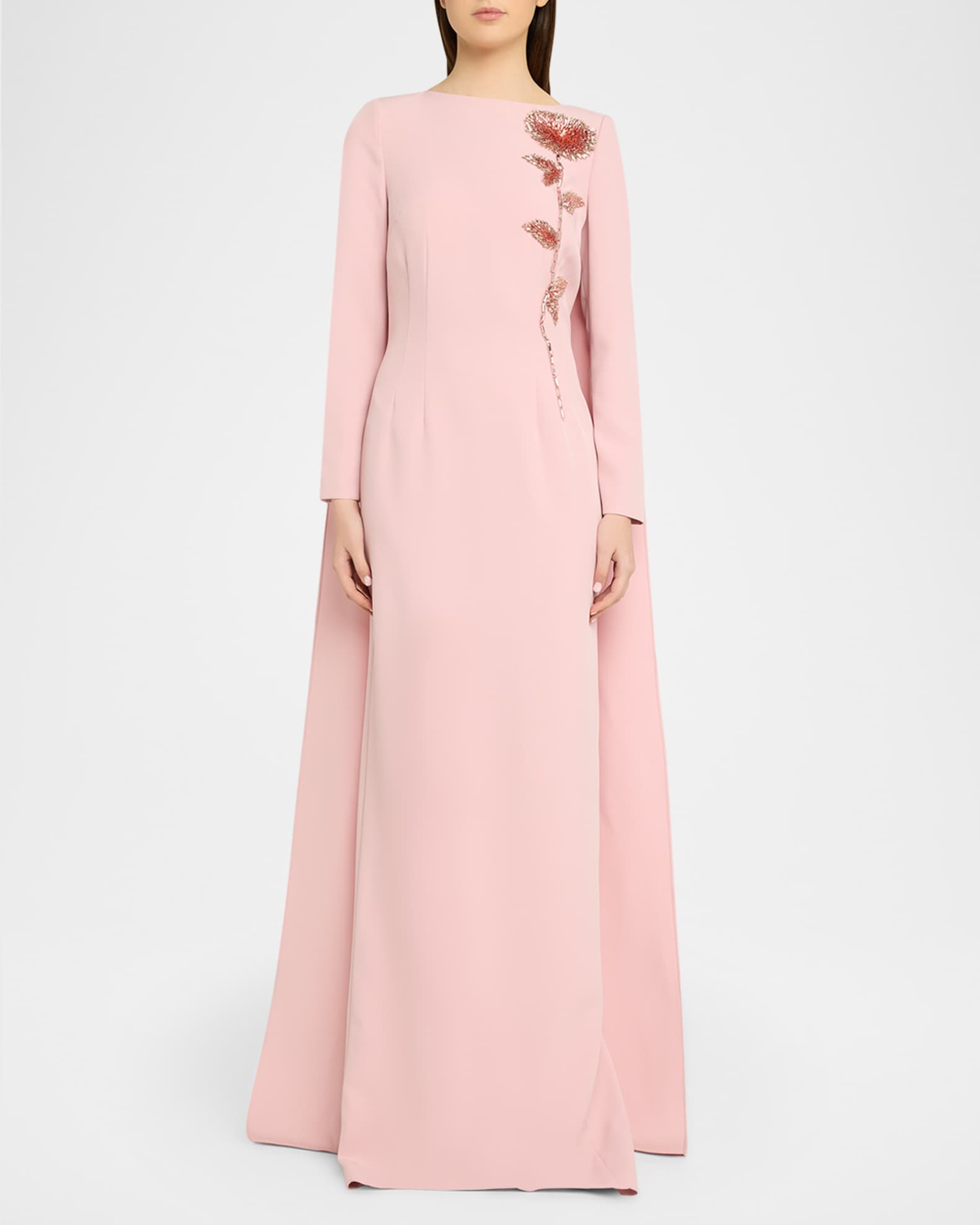 Rickie Freeman For Teri Jon Beaded Floral Crepe Column Gown With Cape, Rose Pink, Women's, 8, Column Gowns