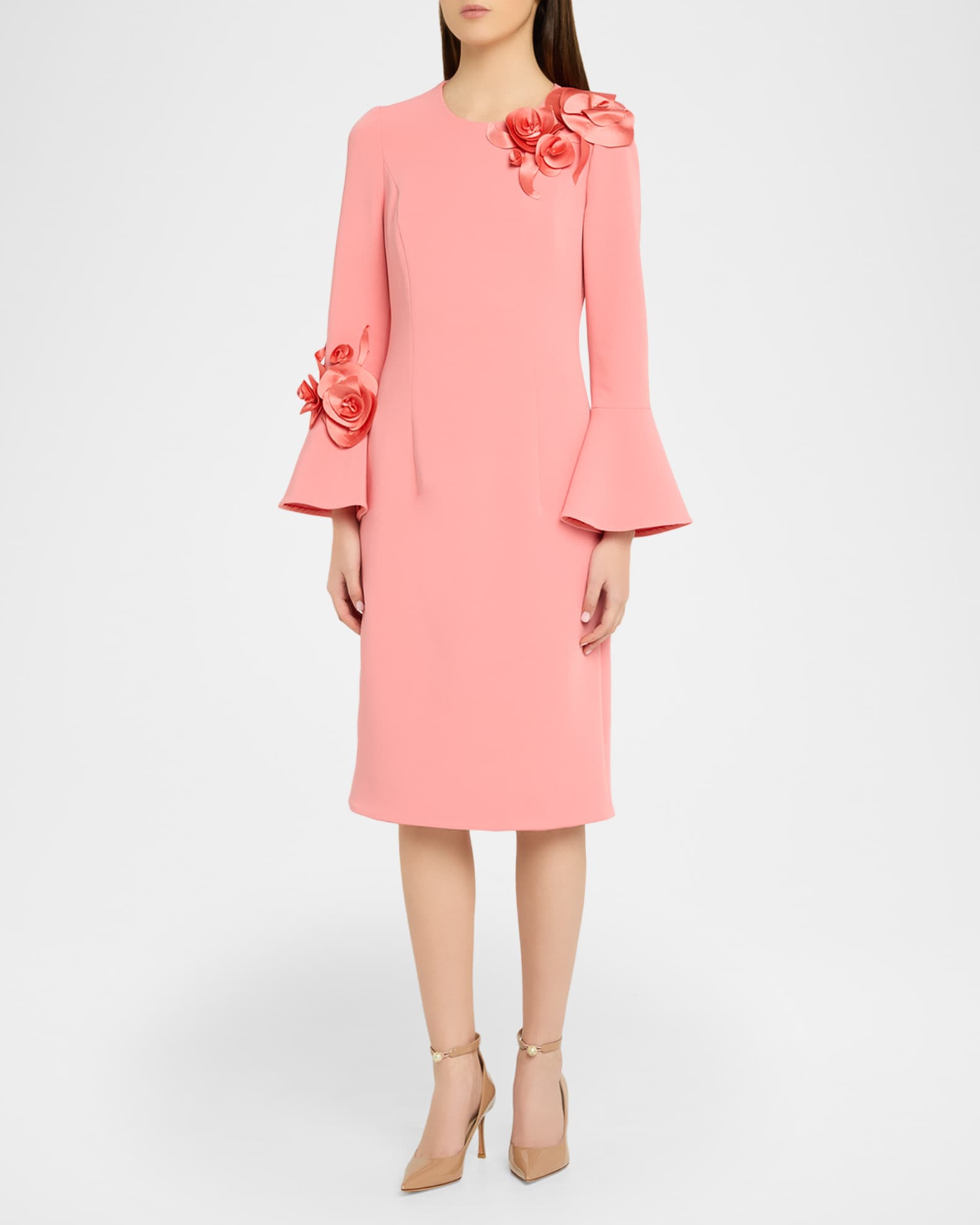 Rickie Freeman for Teri Jon Floral Applique Flare-Cuff Crepe Dress | Neiman  Marcus