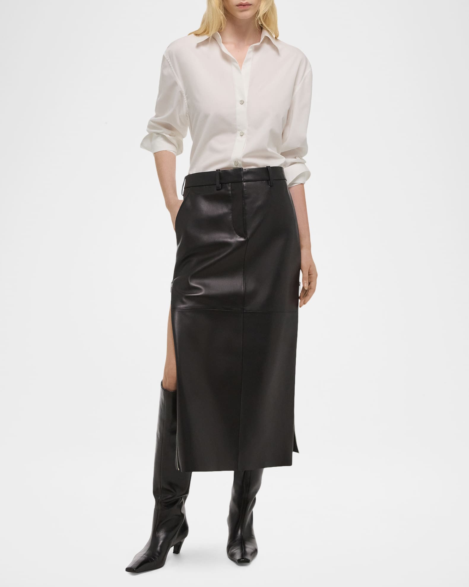 Helmut Lang Side Zip Leather Midi Skirt | Neiman Marcus