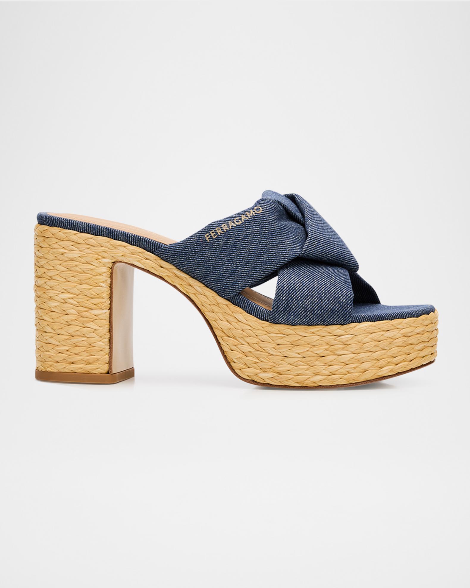 FERRAGAMO 85mm Douglas Platform Denim Mule Sandals | Neiman Marcus