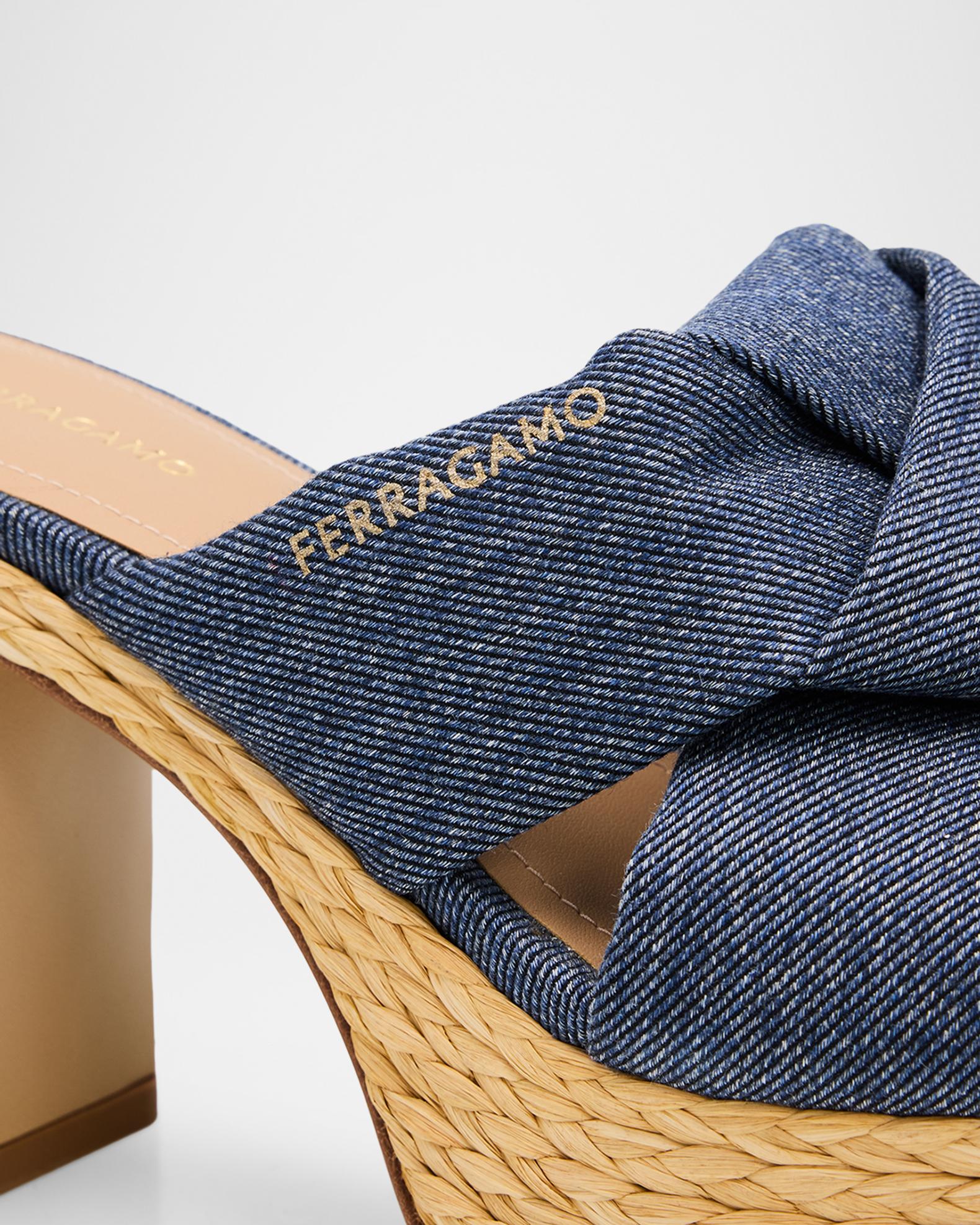 FERRAGAMO 85mm Douglas Platform Denim Mule Sandals | Neiman Marcus