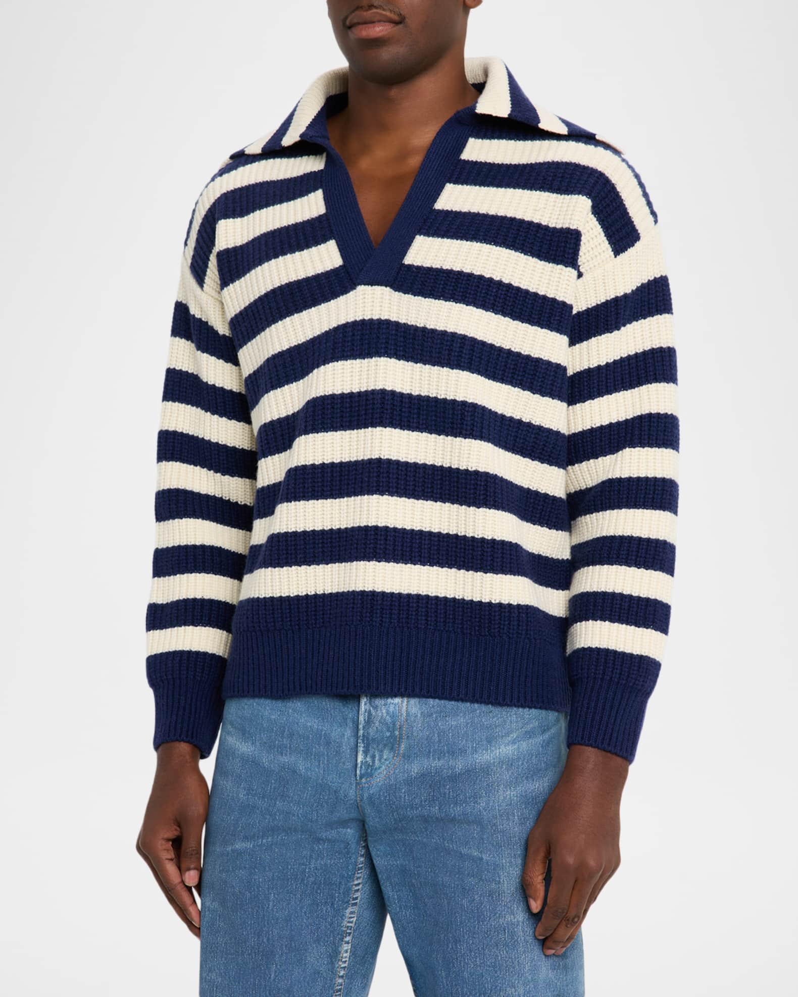 Bottega Veneta Men's Wool and Cashmere Stripe Knit Johnny-Collar