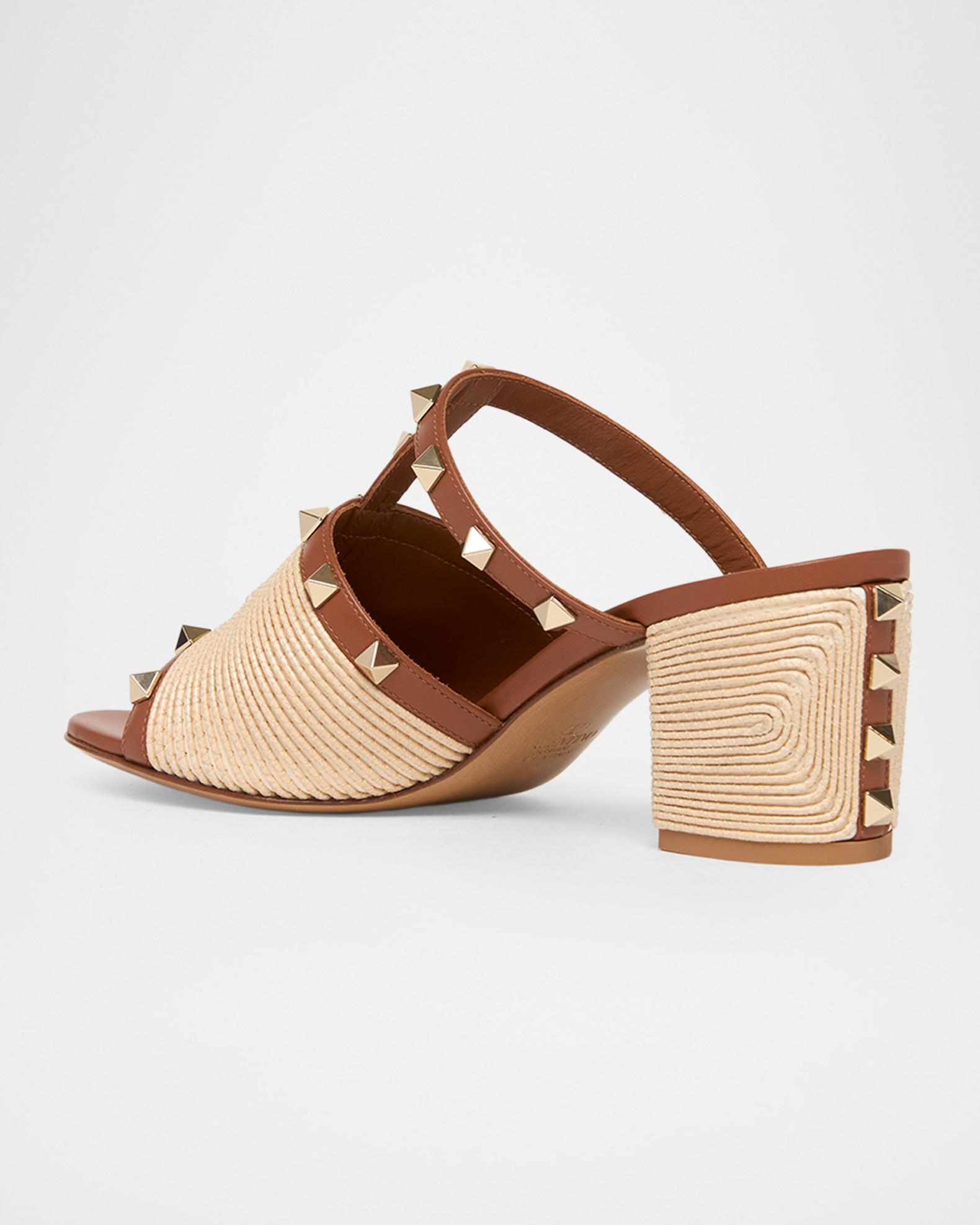 Valentino Garavani 60mm Rockstud Raffia Block-Heel Slide Sandals