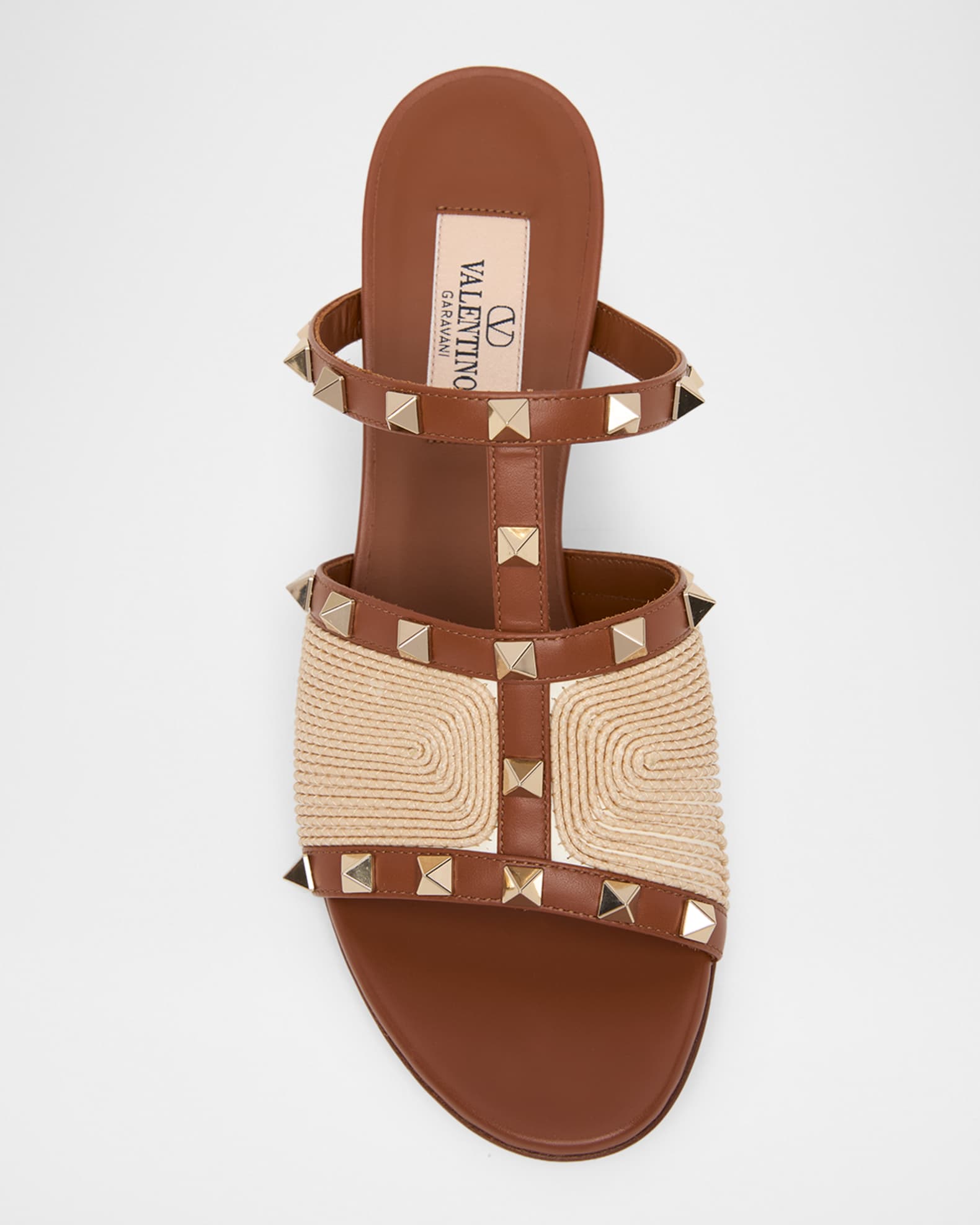 Valentino Garavani 60mm Rockstud Raffia Block-Heel Slide Sandals