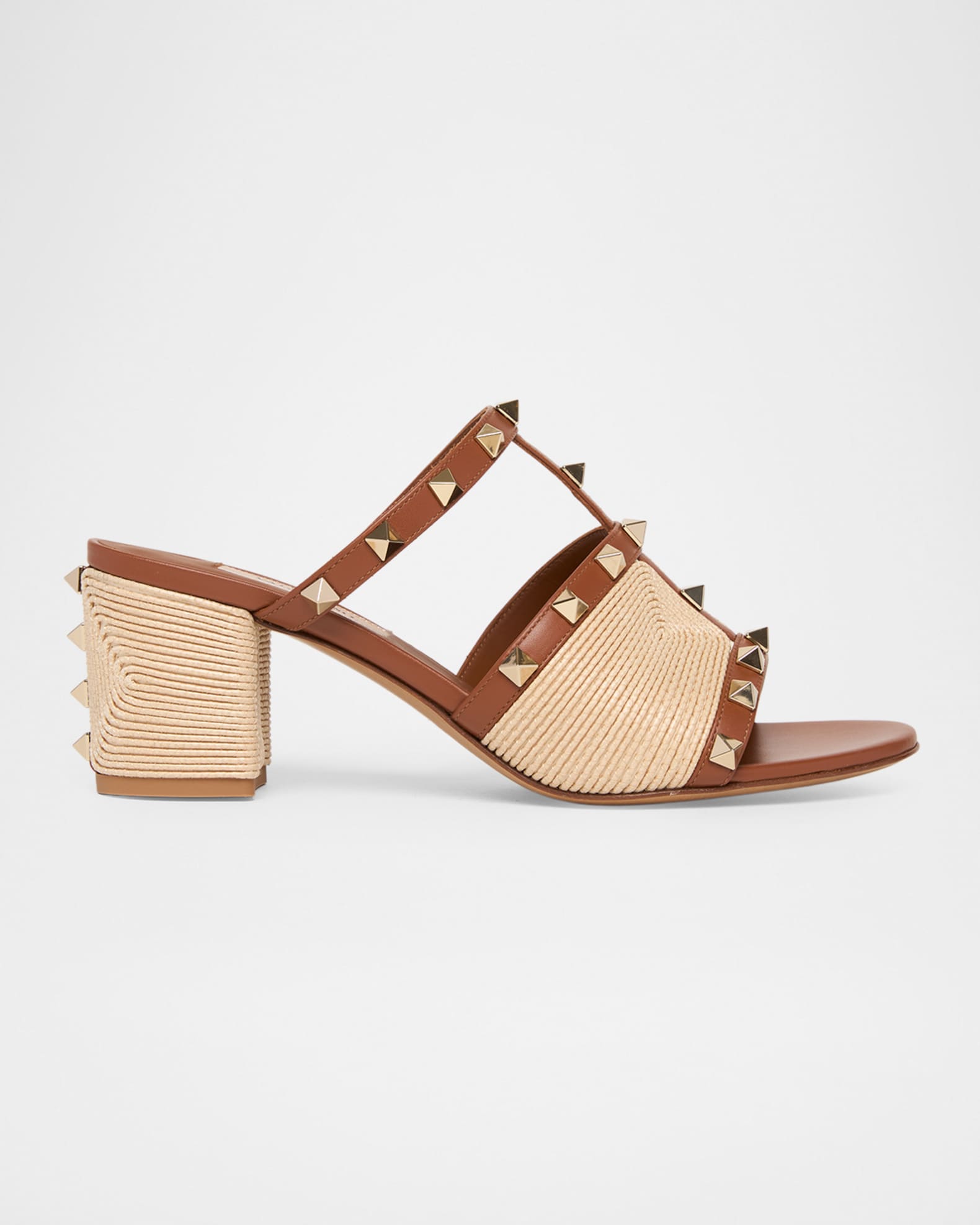 Valentino Garavani 60mm Rockstud Raffia Block-Heel Slide Sandals