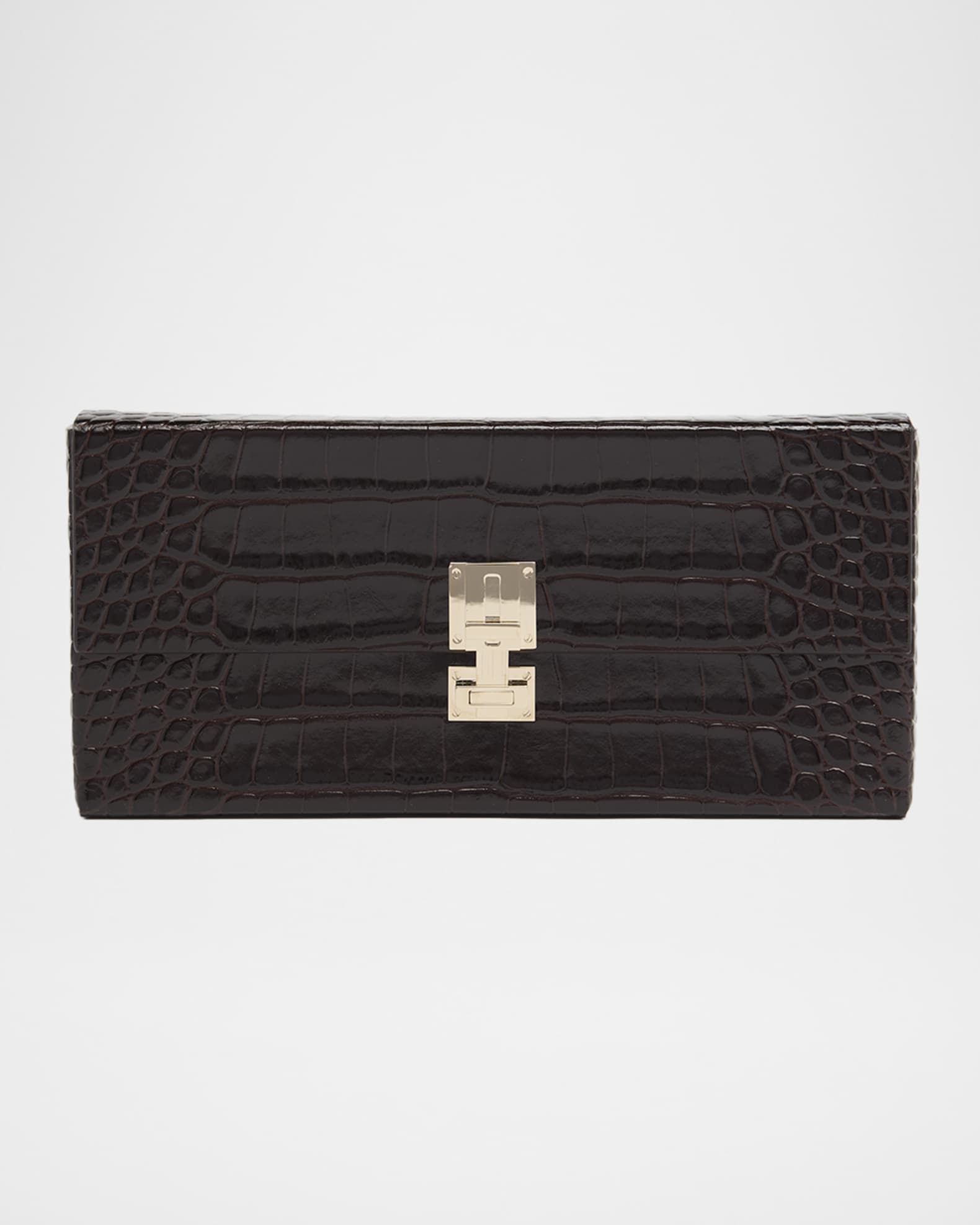 T-Latch Glossed Croc-Effect Leather Clutch Bag | Neiman Marcus