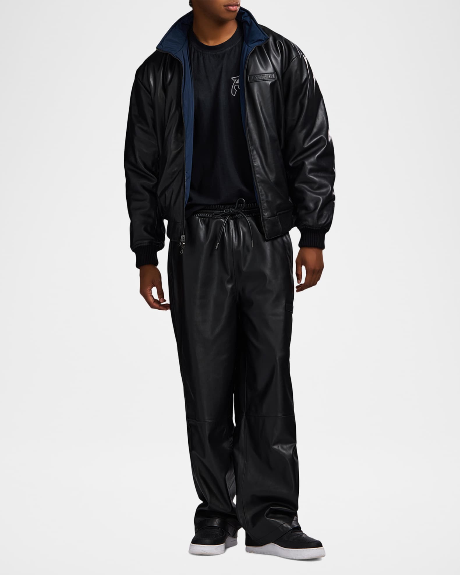 AVIREX Men's Reversible Nylon to Napa Leather Track Jacket