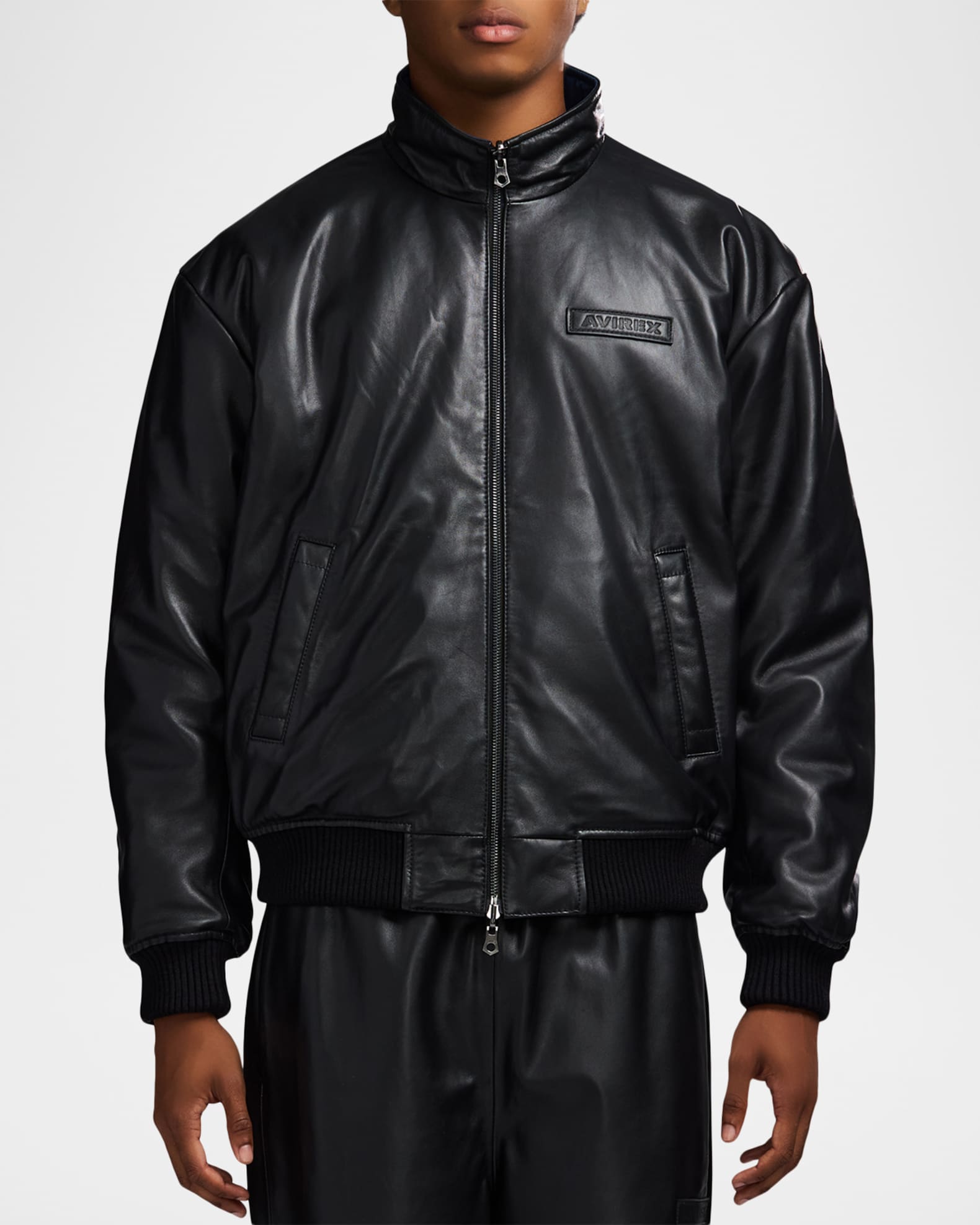AVIREX Men's Reversible Nylon to Napa Leather Track Jacket