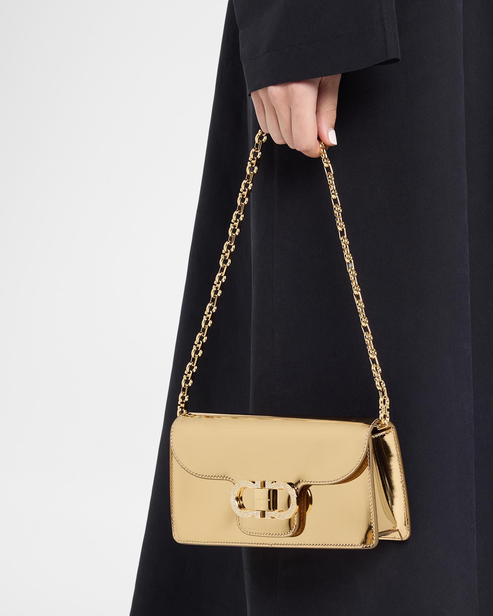 FERRAGAMO Mini Crystal Double Gancini Leather Shoulder Bag