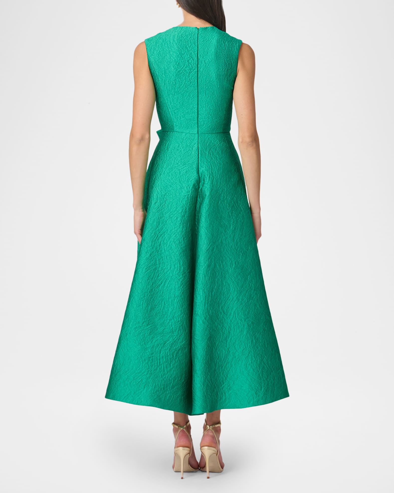 Shoshanna Laura Sleeveless Bow Draped Jacquard Midi Dress | Neiman Marcus