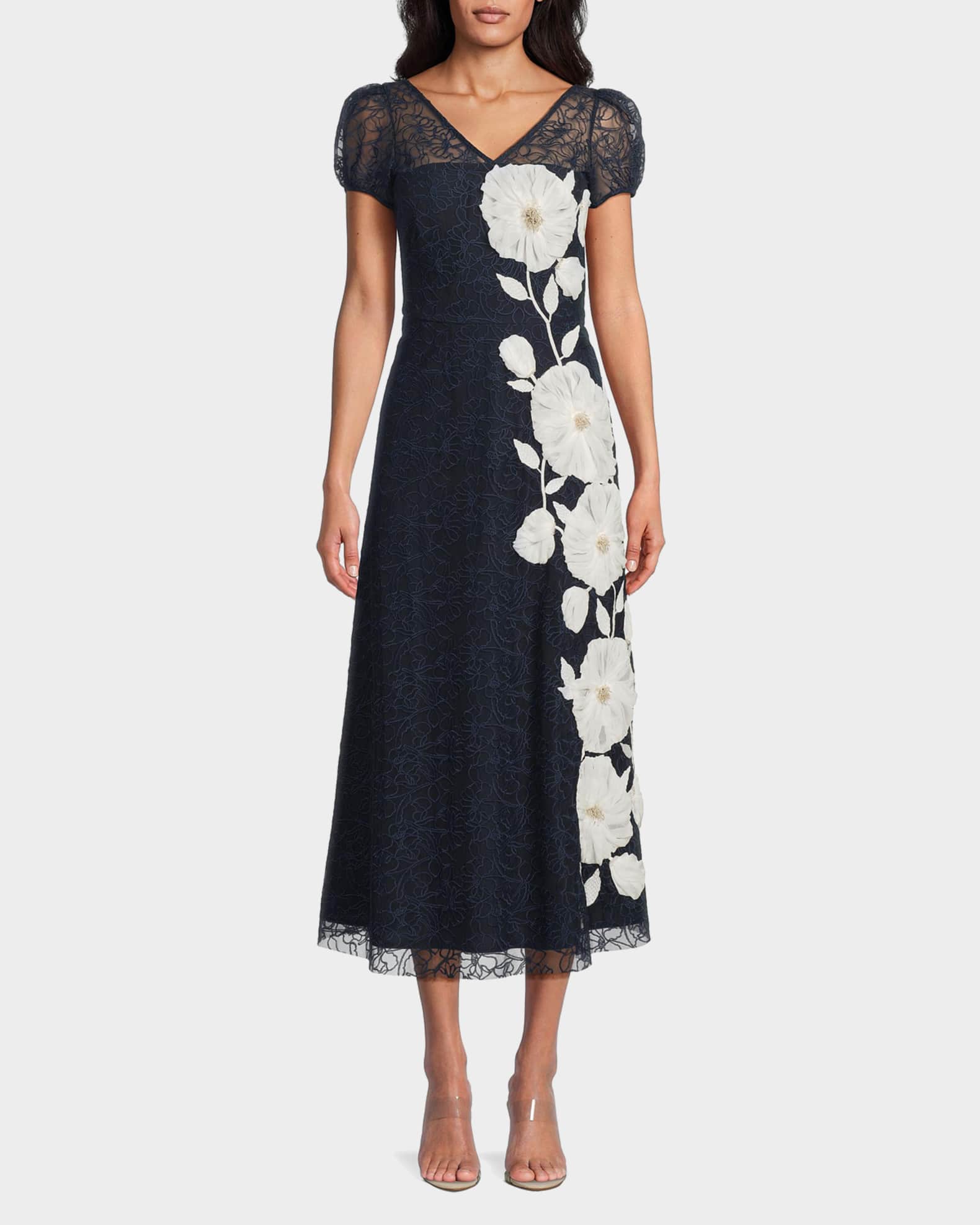 Kay Unger New York Layla Puff-Sleeve Floral Applique Midi Dress | Neiman  Marcus