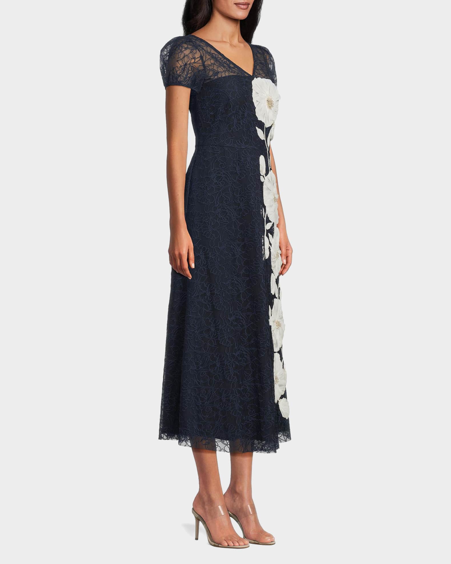 Kay Unger New York Layla Puff-Sleeve Floral Applique Midi Dress | Neiman  Marcus