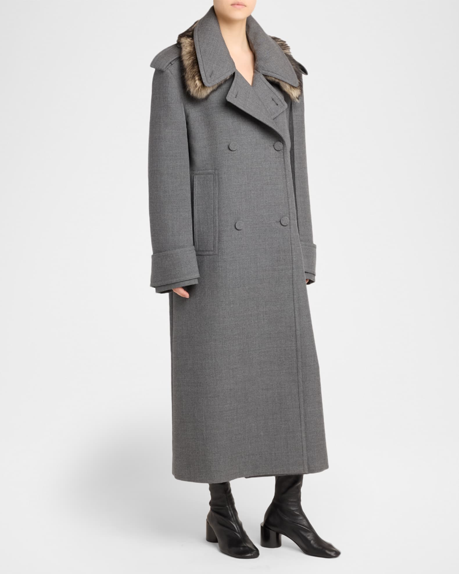 Jil Sander Double-Breasted Wool Long Coat With Detachable Sheep