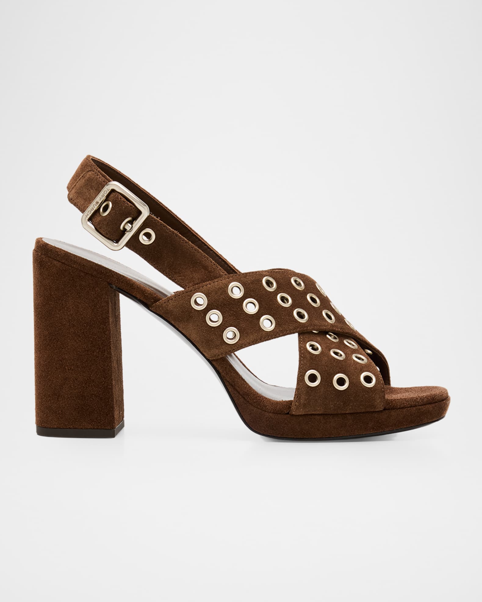Tory Burch 100mm Suede Cross-Band Heeled Sandals | Neiman Marcus