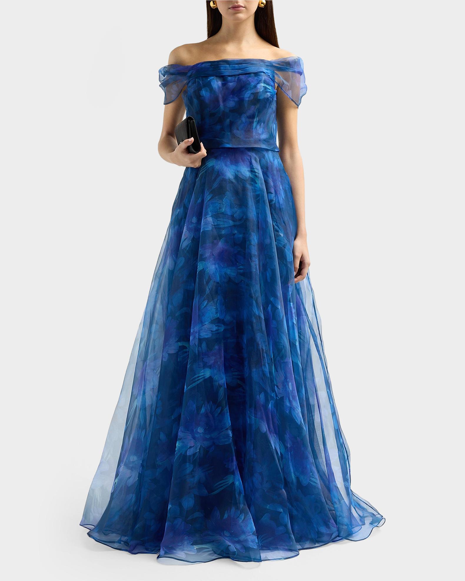 Rene Ruiz Collection Floral Organza Off-The-Shoulder Gown, Blue, Women's, 4