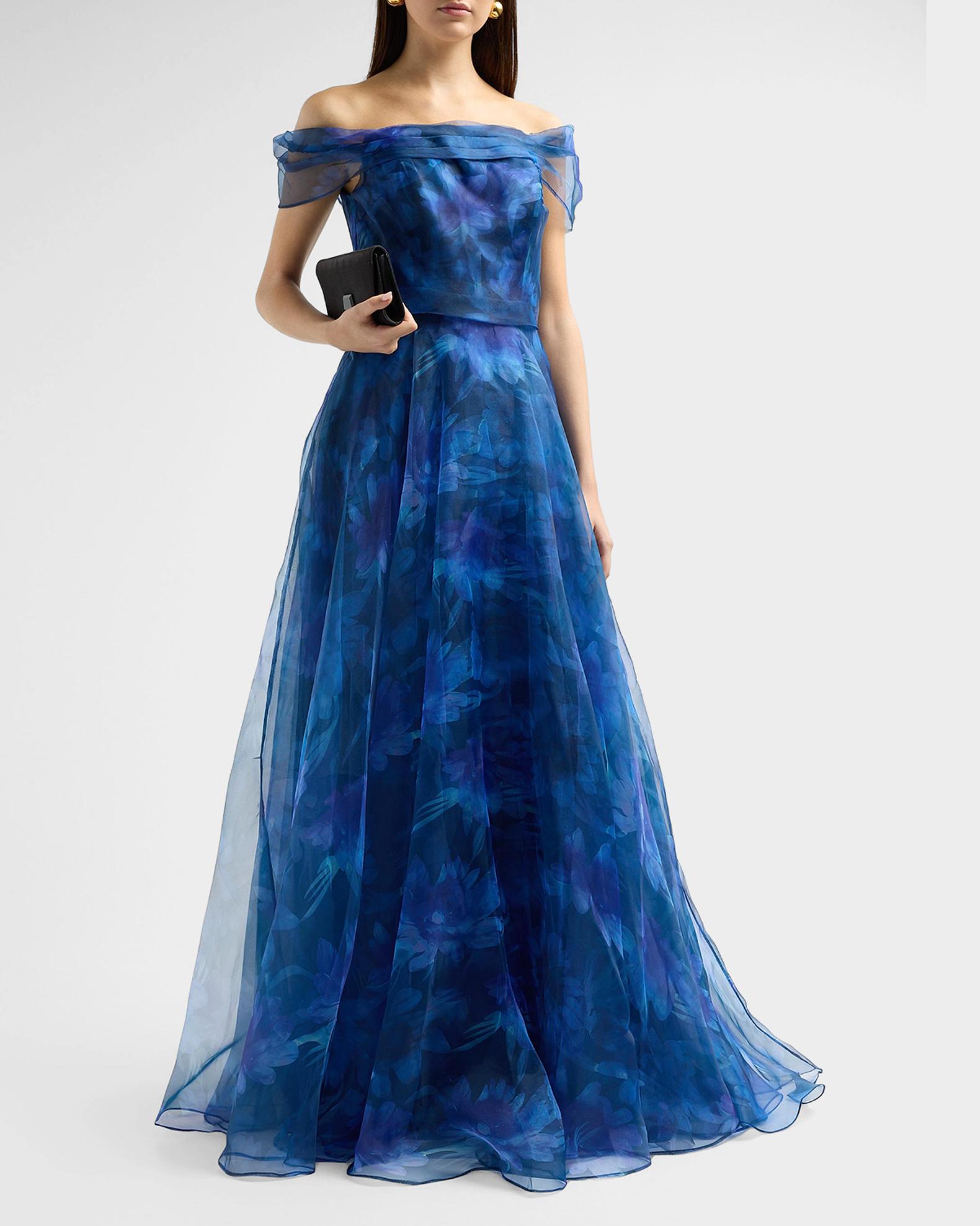 Rene Ruiz Collection Floral Organza Off-The-Shoulder Gown, Blue, Women's, 36EU