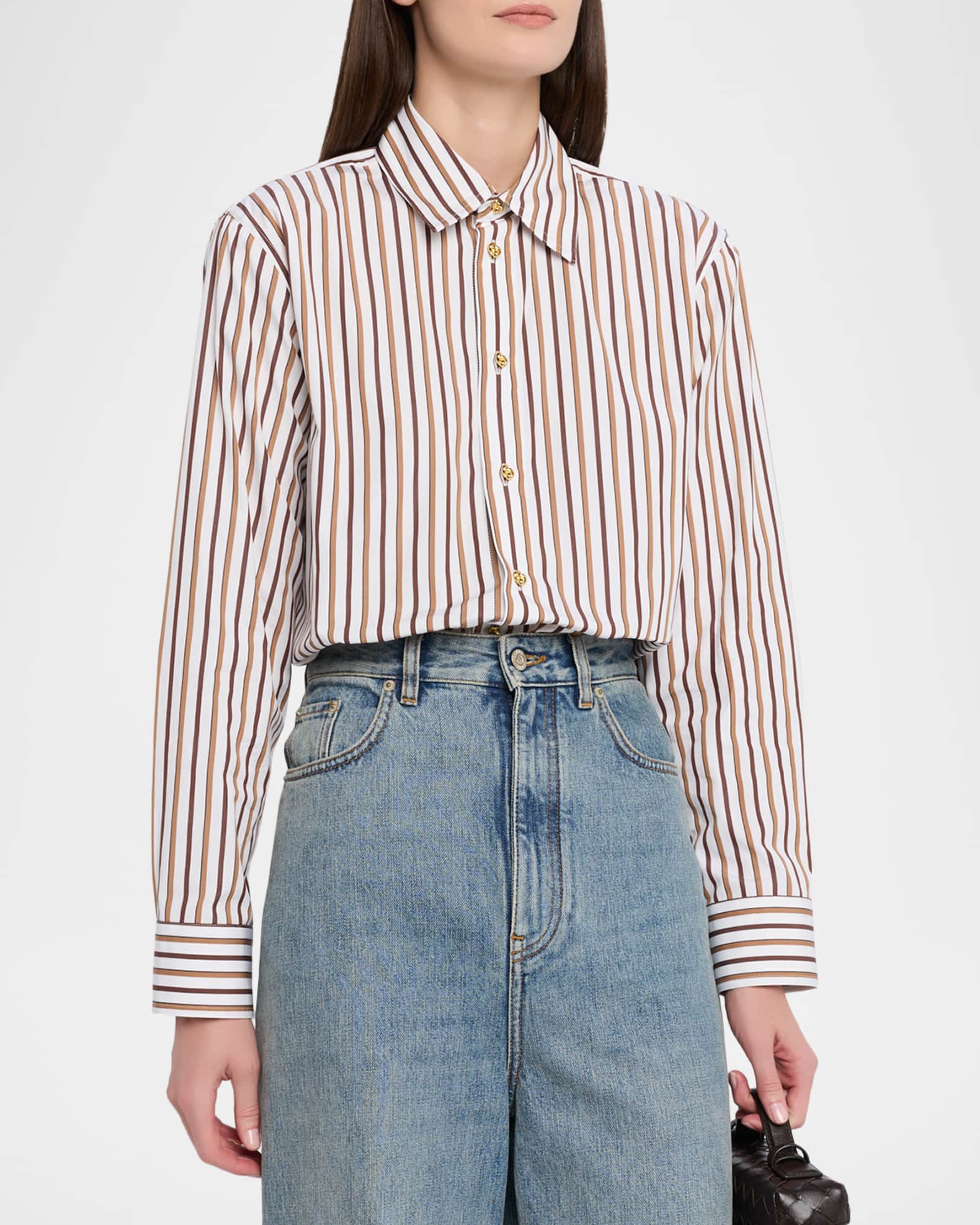 Bottega Veneta Knot-Button Striped Cotton Button-Down Shirt
