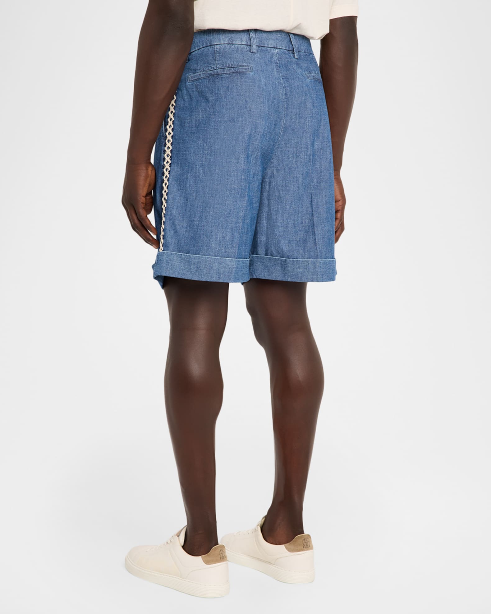 Valentino Garavani Men's Crochet-Trim Denim Shorts | Neiman Marcus