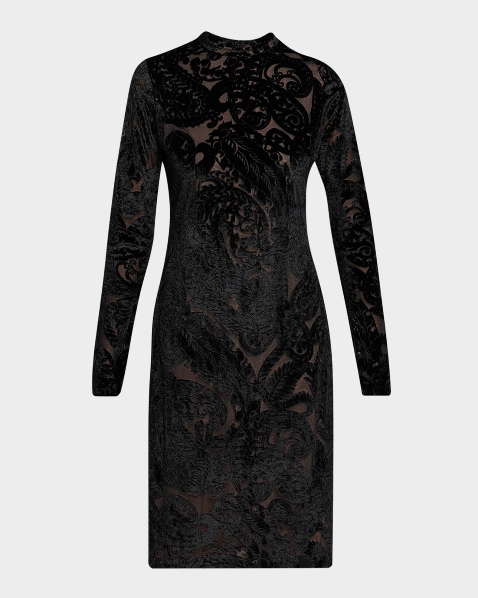 Etro Paisley Velvet Burnout Long-Sleeve Dress, Black, Women's, 6, Cocktail & Party Wedding Guest Dresses Long-Sleeve Dresses