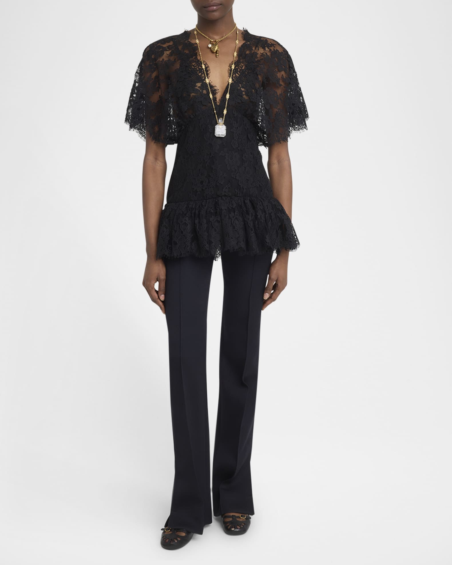 Chloe Lace Short-Sleeve Ruffle Top | Neiman Marcus
